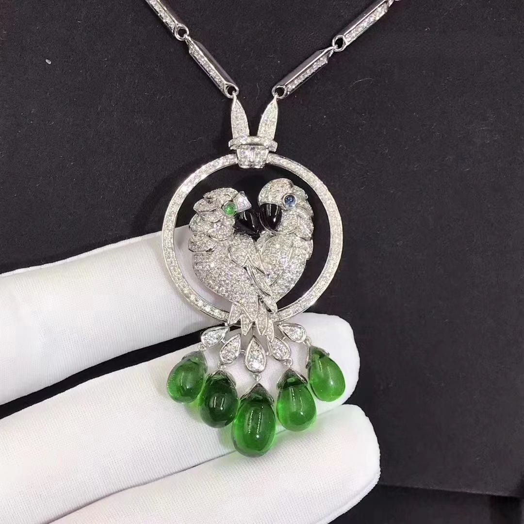 cartier les oiseaux liberes 18k white gold pave diamond emeralds parrot pendant necklace hp300100