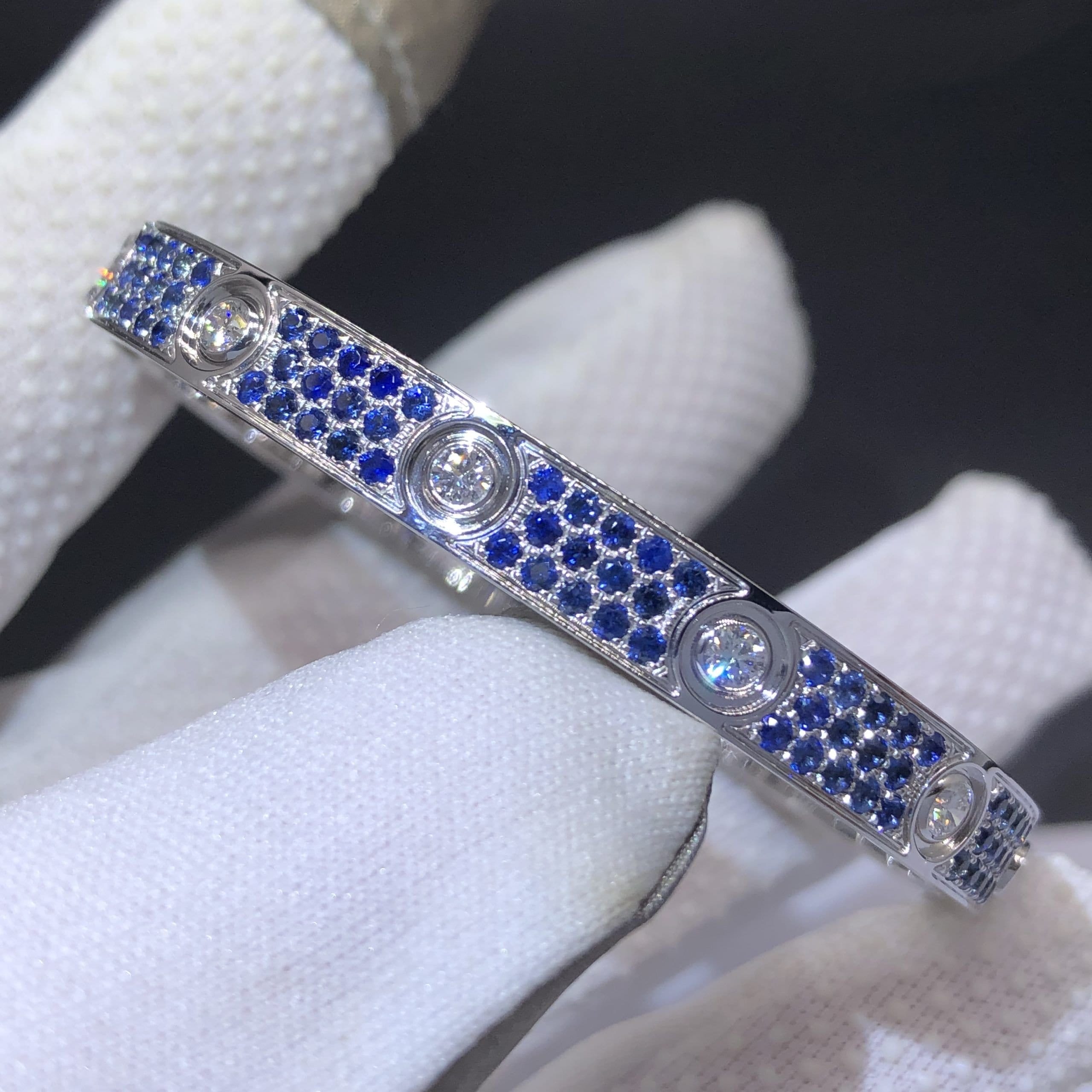 cartier love blue sapphire paved and 10 diamonds single screw closure classic model 18k white gold bracelet 1 scaled