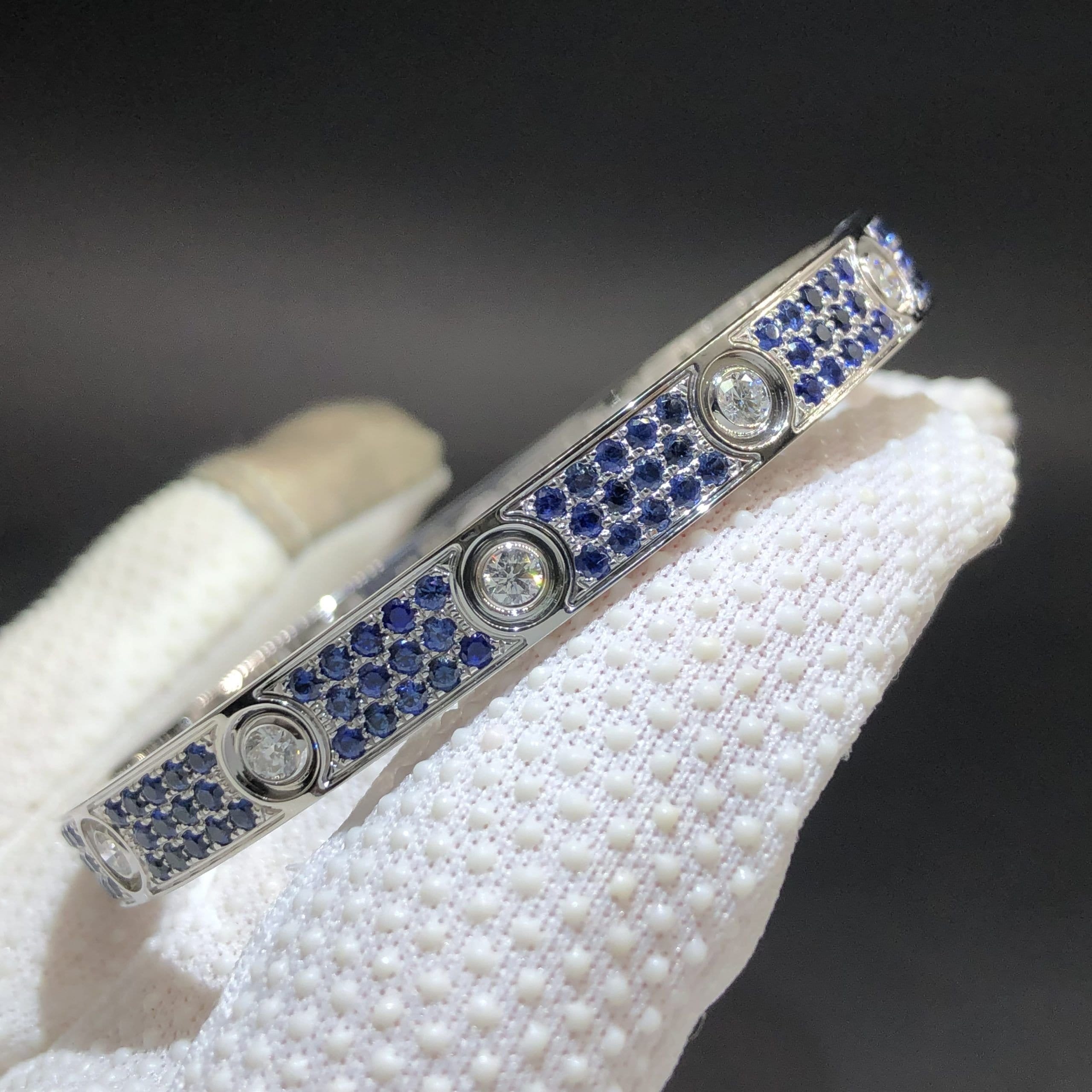 cartier love blue sapphire paved and 10 diamonds single screw closure classic model 18k white gold bracelet scaled