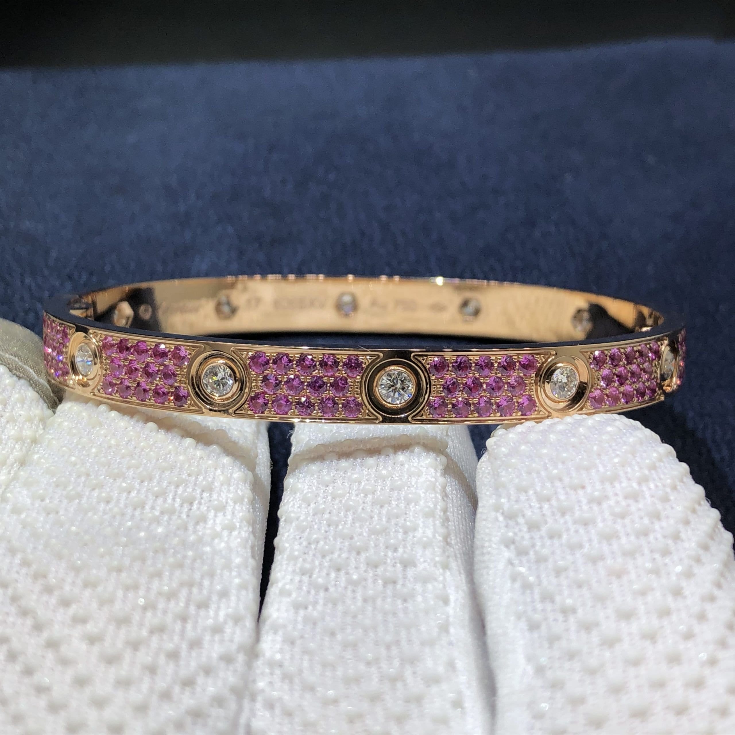 cartier love pink sapphire paved and 10 diamonds classic model single screw closure bracelet 18k rose gold 6 scaled