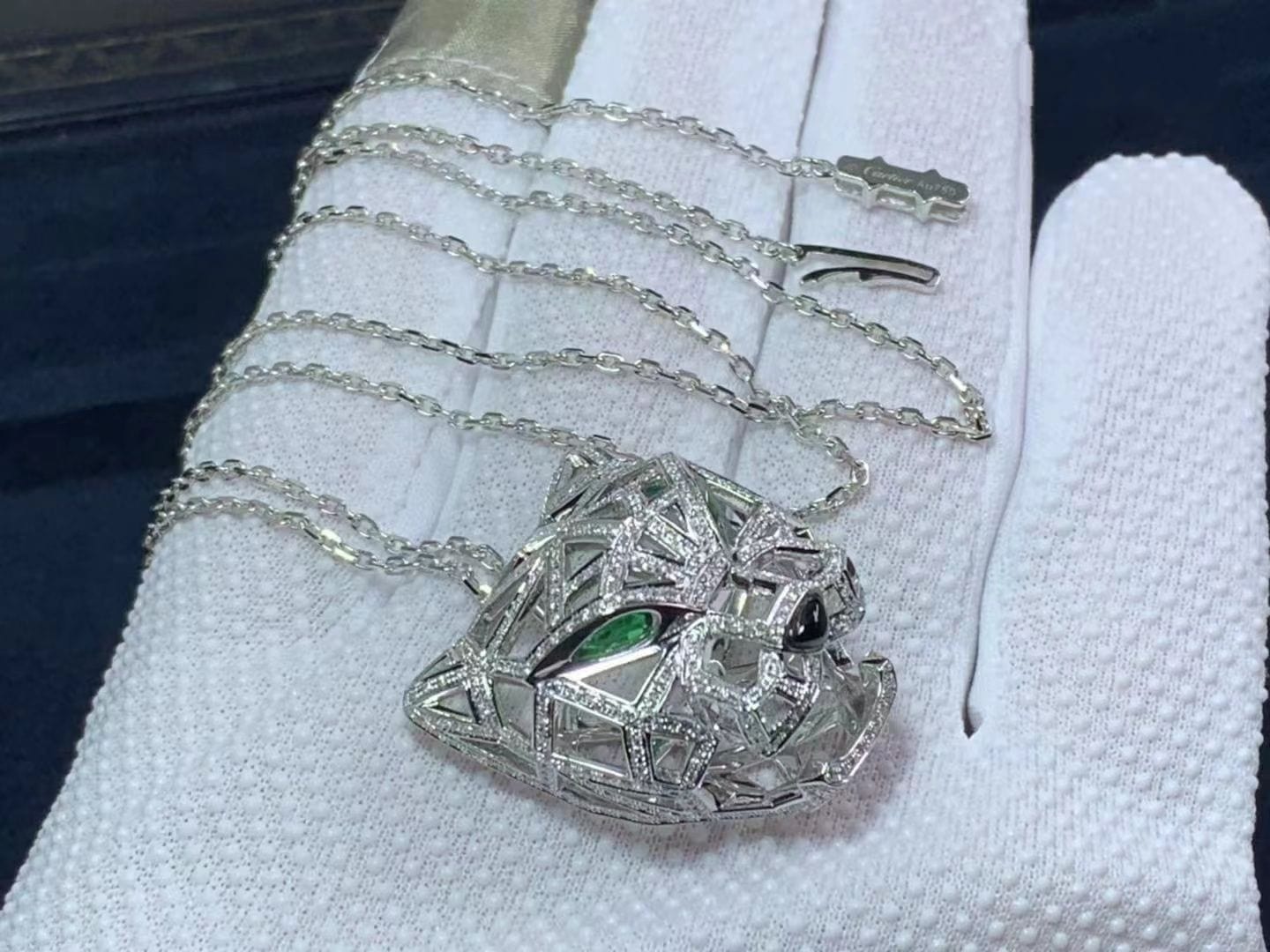 cartier panthere de cartier 18k white gold diamond paved emerald pendant necklace n7424209 1