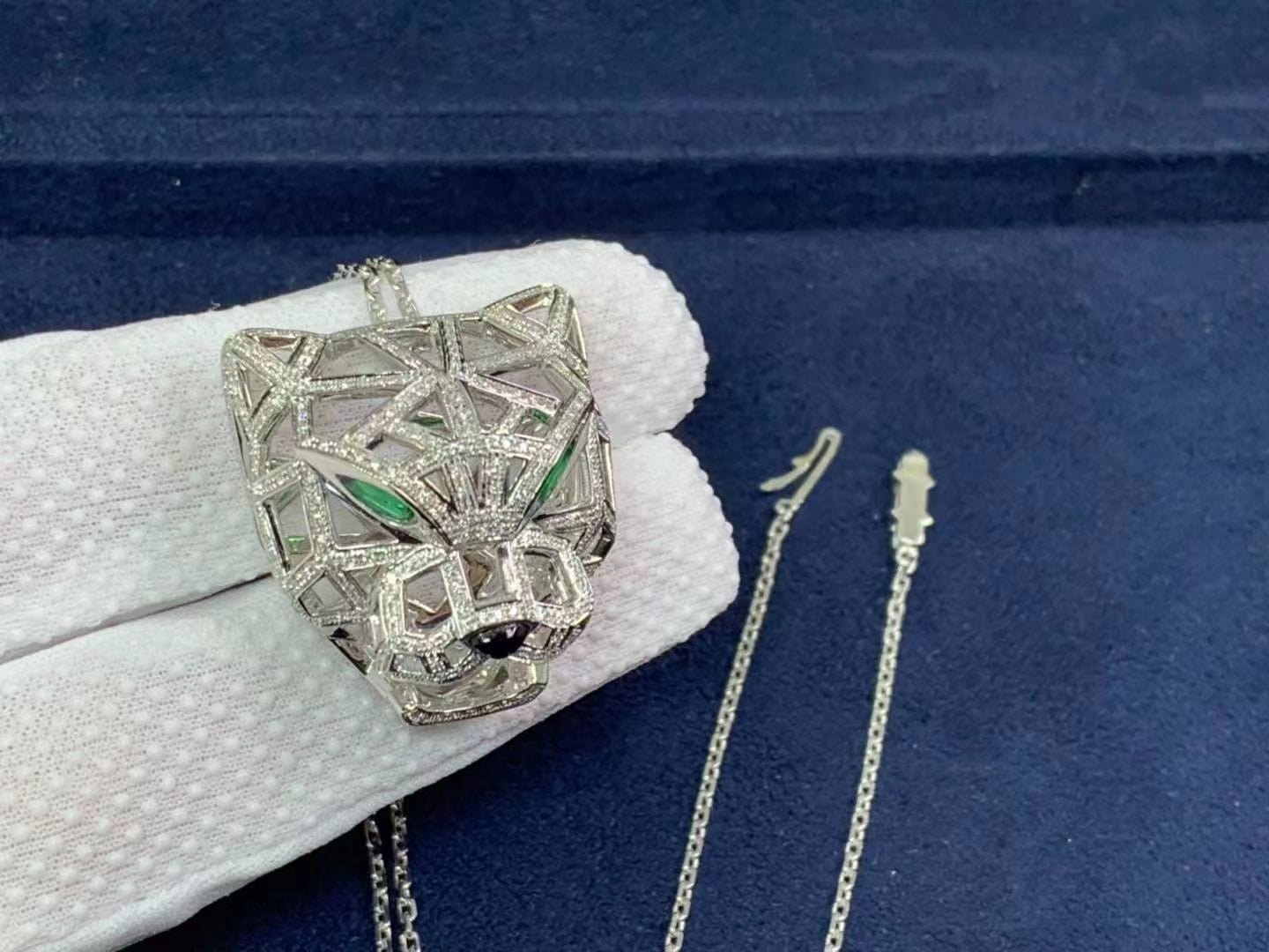 cartier panthere de cartier 18k white gold diamond paved emerald pendant necklace n7424209 4