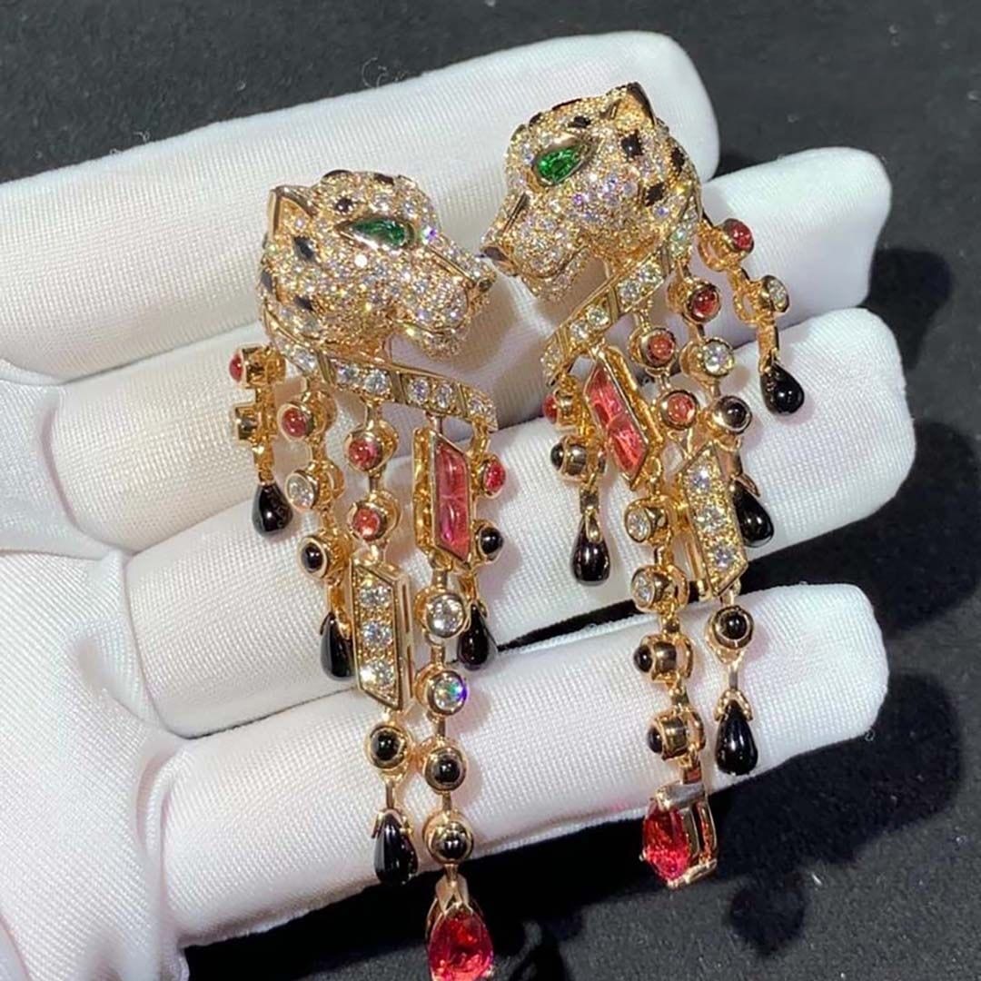 cartier panthere de cartier earrings rose gold diamonds emeralds rubellites h8000485