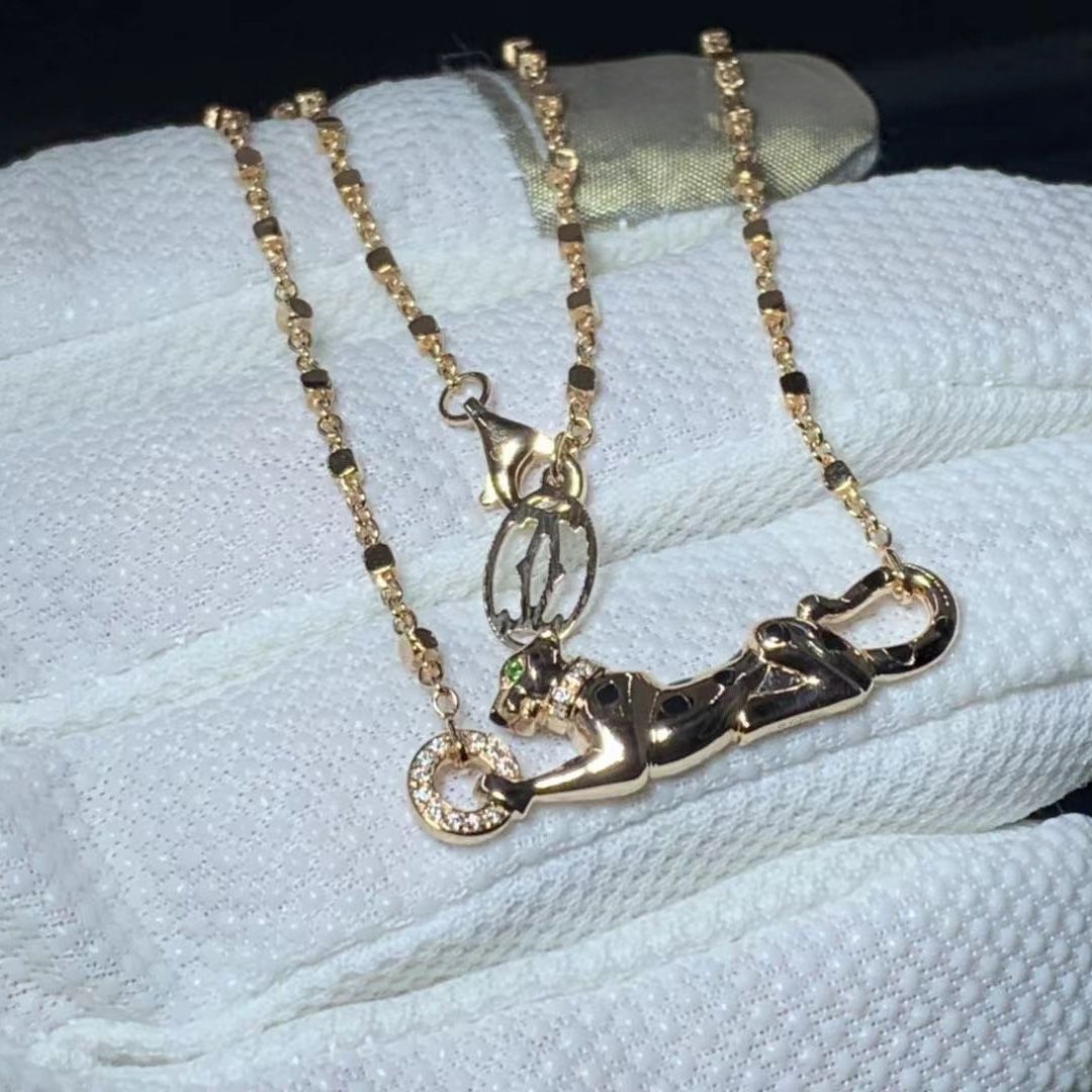 cartier solid 18k rose gold diamond black lacquer panthere de cartier necklace b7224538