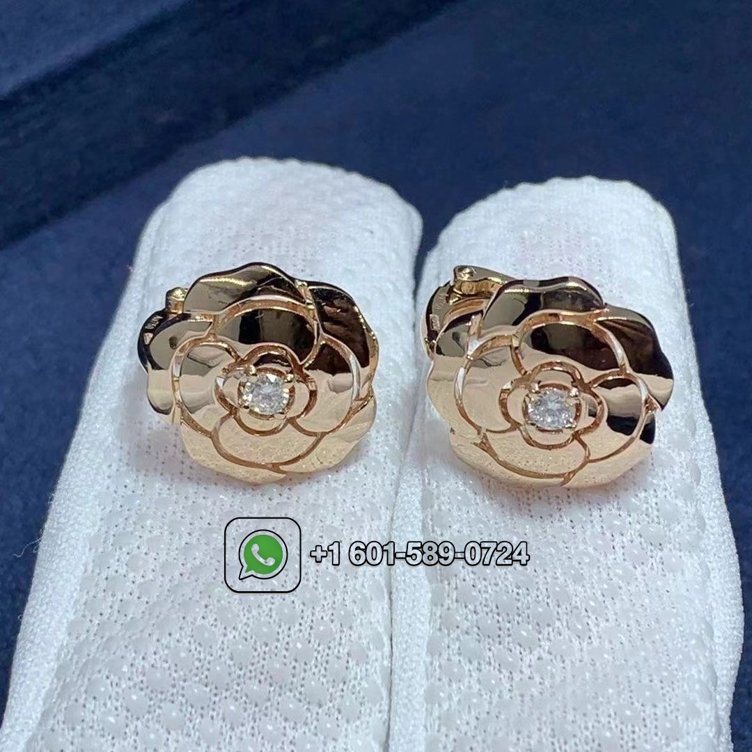 chanel 18k rose gold diamond extrait de camelia earrings j11658