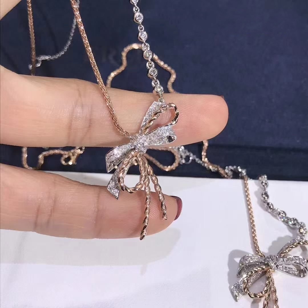 chaumet insolence 18k rose goldwhite gold diamond bow pendant necklace 083164 2