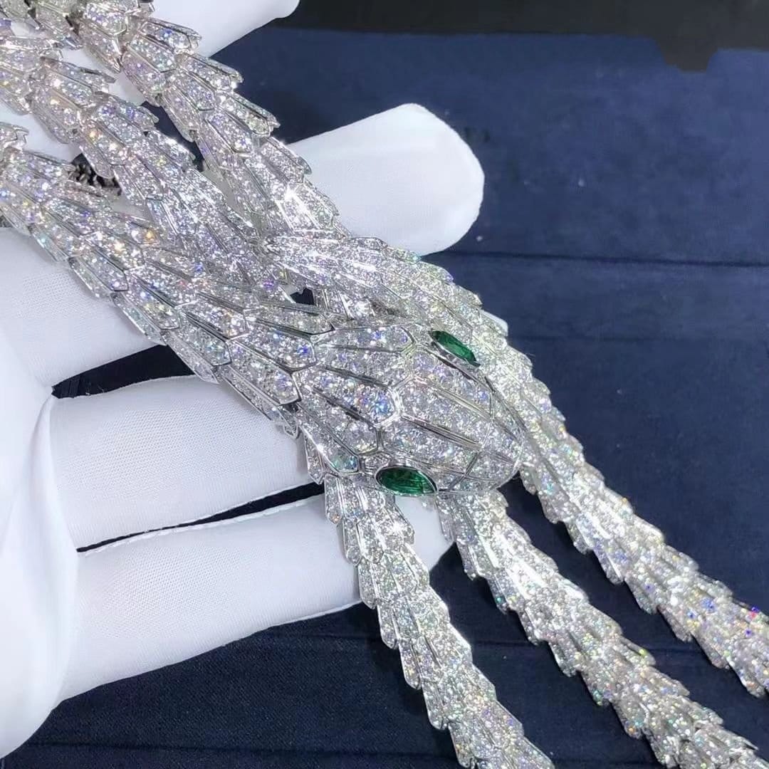 custom bvlgari high jewelry serpenti necklace in 18k white gold with pave diamond and emeralds eyes 2
