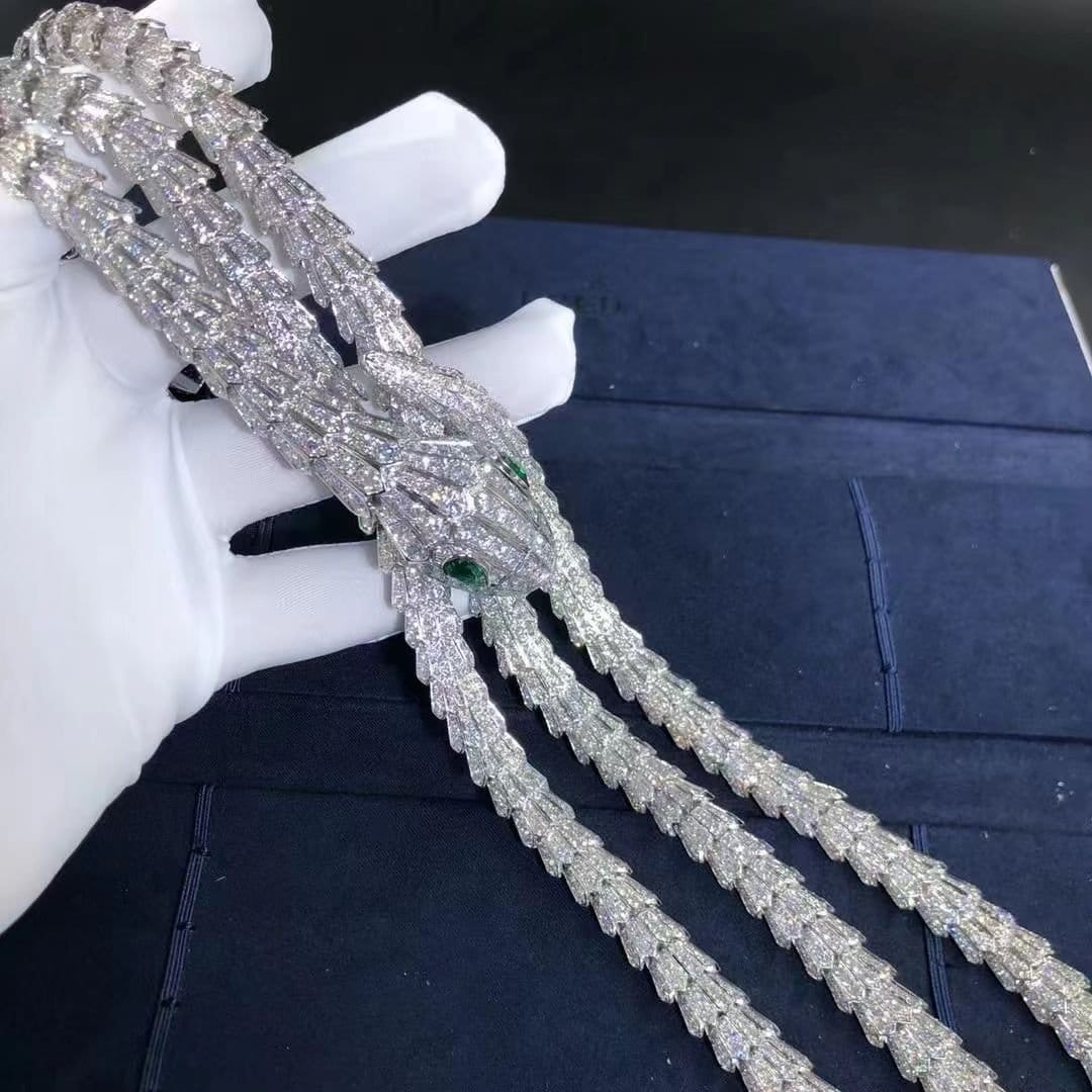 custom bvlgari high jewelry serpenti necklace in 18k white gold with pave diamond and emeralds eyes 3
