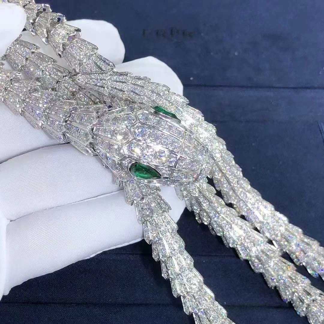 custom bvlgari high jewelry serpenti necklace in 18k white gold with pave diamond and emeralds eyes 4