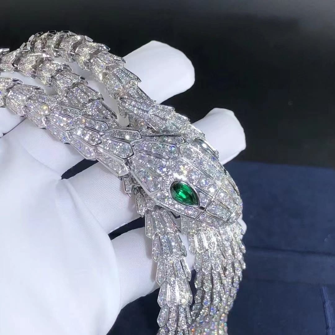custom bvlgari high jewelry serpenti necklace in 18k white gold with pave diamond and emeralds eyes 5