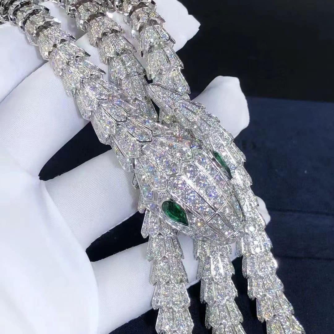 custom bvlgari high jewelry serpenti necklace in 18k white gold with pave diamond and emeralds eyes 6