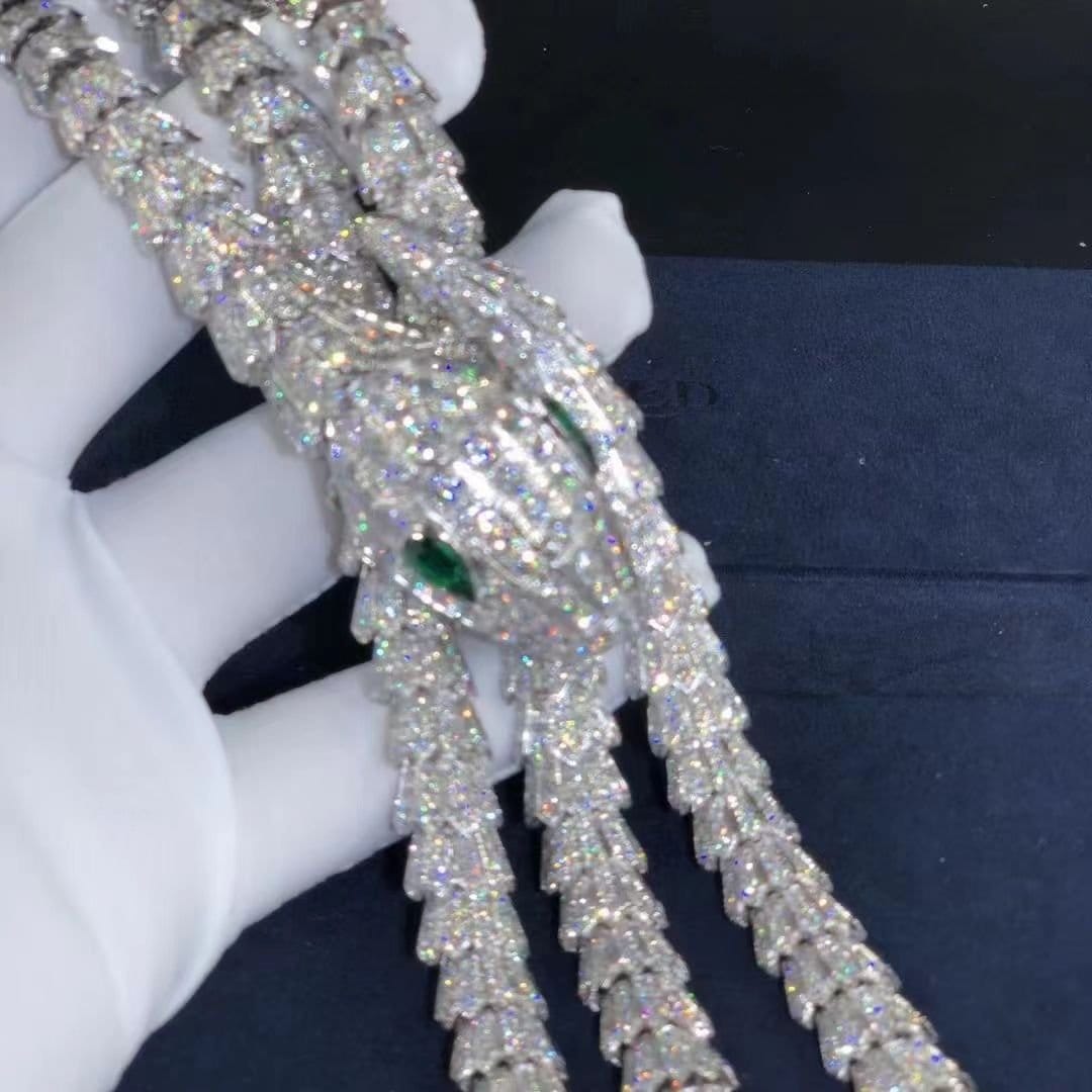 custom bvlgari high jewelry serpenti necklace in 18k white gold with pave diamond and emeralds eyes 7