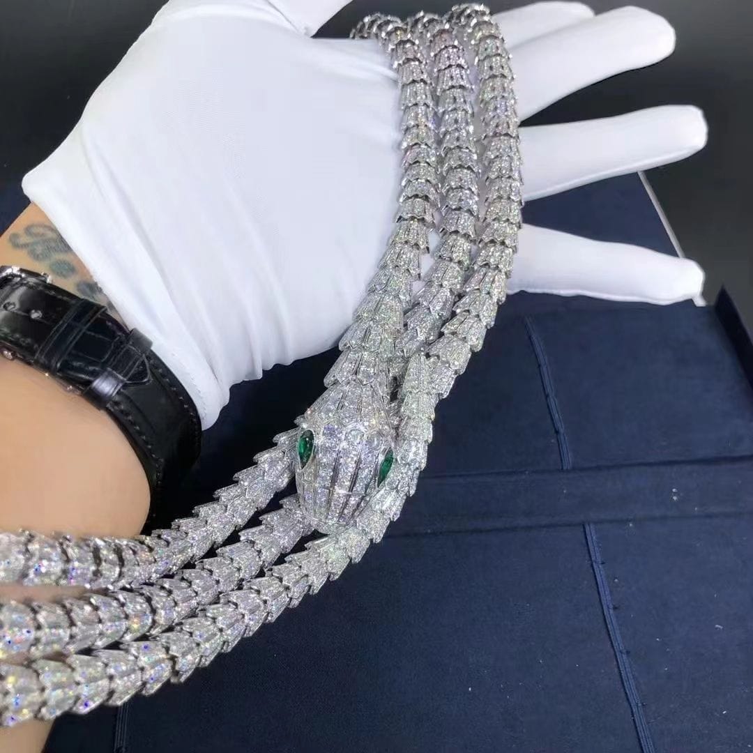 custom bvlgari high jewelry serpenti necklace in 18k white gold with pave diamond and emeralds eyes 9