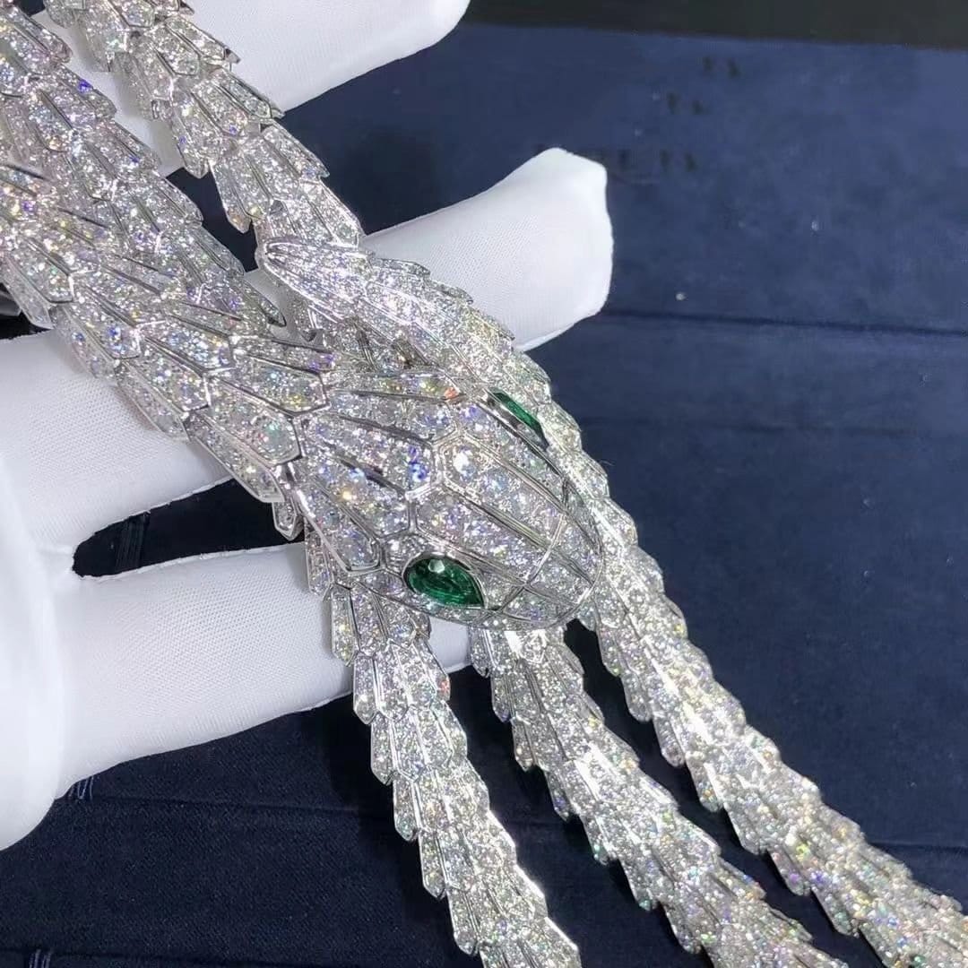 custom bvlgari high jewelry serpenti necklace in 18k white gold with pave diamond and emeralds eyes