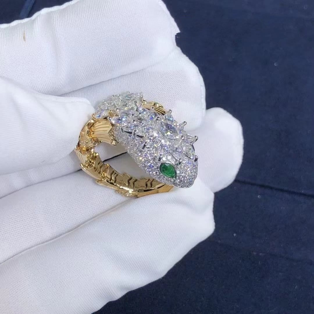 custom made bvlgari serpenti 18k gold diamonds emerald snake ring