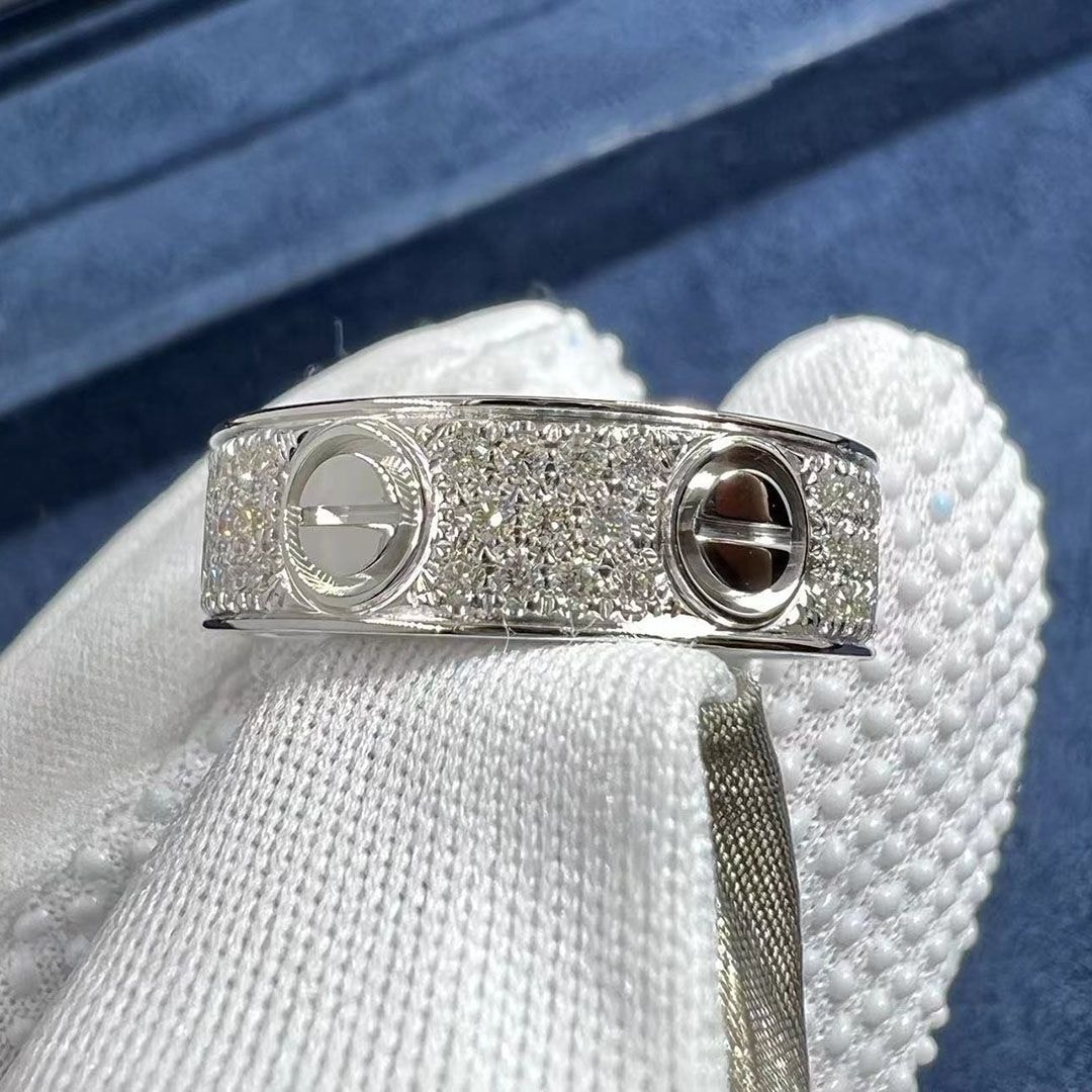 custom made cartier love 18k white gold full diamond paved 6.5mm band ring