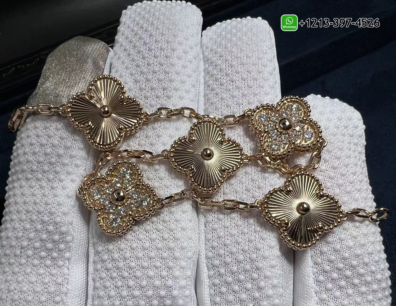 Custom-Made-Van-Cleef-Arpels-18K-Rose-Gold-Diamond-5-Motifs-Guilloche-Vintage-Alhambra-Bracelet-1.jpg Custom Made 1:1 Quality Van Cleef & Arpels 18K Rose Gold Diamond 5 Motifs Guilloche Vintage Alhambra Bracelet - High Quality 18k Gold and Diamond Luxury Distinctive Collection Designer Jewelry Customized Factory Price - Image 2
