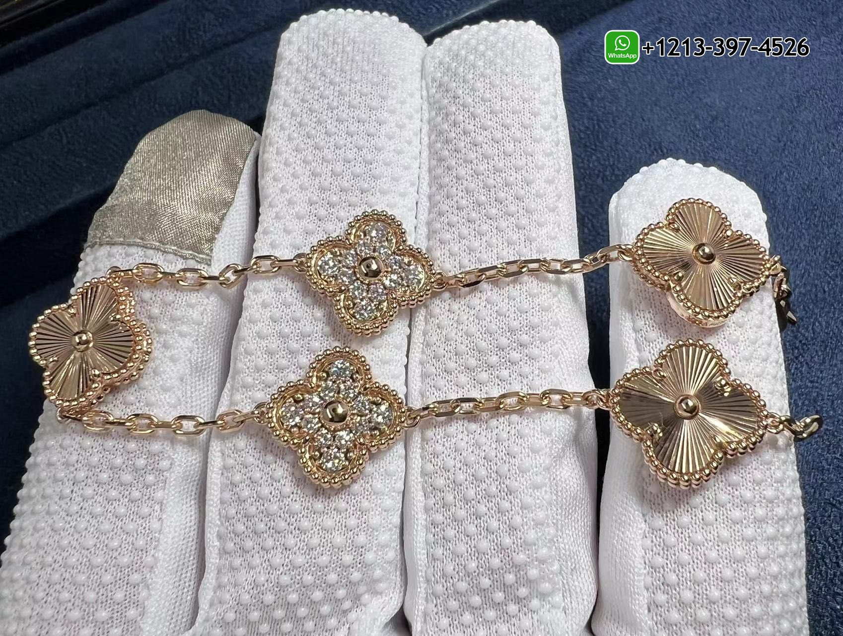 Custom-Made-Van-Cleef-Arpels-18K-Rose-Gold-Diamond-5-Motifs-Guilloche-Vintage-Alhambra-Bracelet-4.jpg Custom Made 1:1 Quality Van Cleef & Arpels 18K Rose Gold Diamond 5 Motifs Guilloche Vintage Alhambra Bracelet - High Quality 18k Gold and Diamond Luxury Distinctive Collection Designer Jewelry Customized Factory Price - Image 3