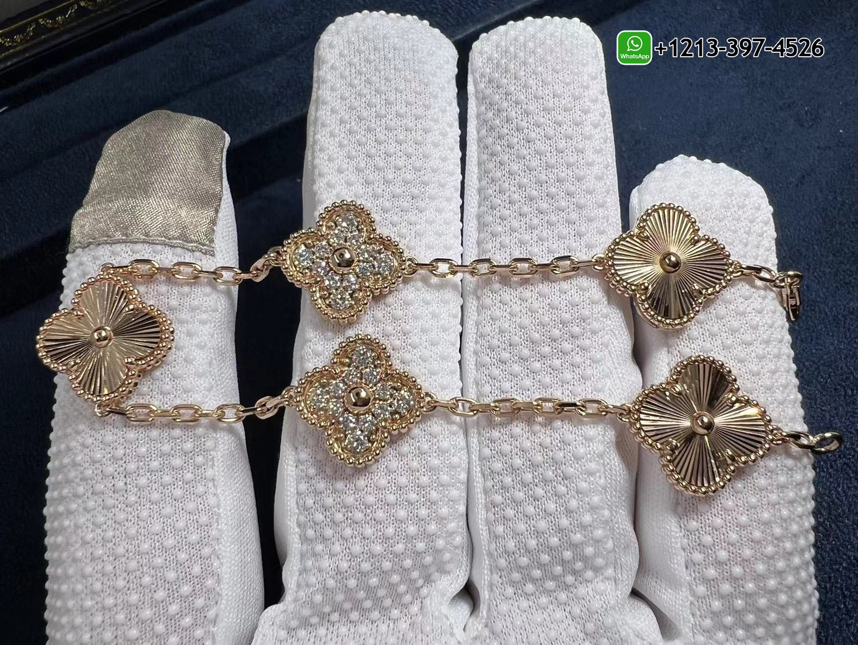 Custom-Made-Van-Cleef-Arpels-18K-Rose-Gold-Diamond-5-Motifs-Guilloche-Vintage-Alhambra-Bracelet-5.jpg Custom Made 1:1 Quality Van Cleef & Arpels 18K Rose Gold Diamond 5 Motifs Guilloche Vintage Alhambra Bracelet - High Quality 18k Gold and Diamond Luxury Distinctive Collection Designer Jewelry Customized Factory Price - Image 4