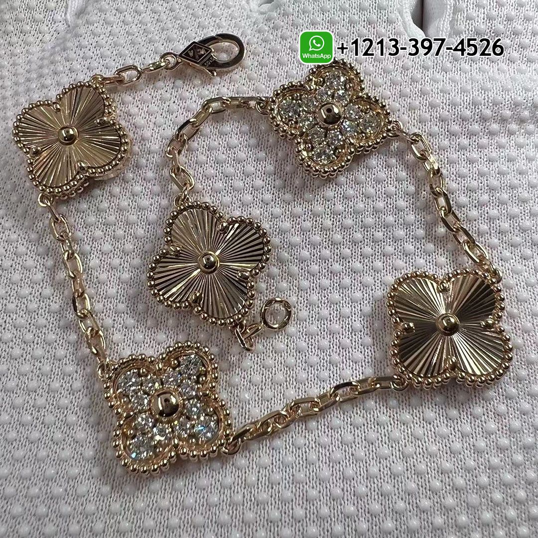 Custom-Made-Van-Cleef-Arpels-18K-Rose-Gold-Diamond-5-Motifs-Guilloche-Vintage-Alhambra-Bracelet.jpg Custom Made 1:1 Quality Van Cleef & Arpels 18K Rose Gold Diamond 5 Motifs Guilloche Vintage Alhambra Bracelet - High Quality 18k Gold and Diamond Luxury Distinctive Collection Designer Jewelry Customized Factory Price