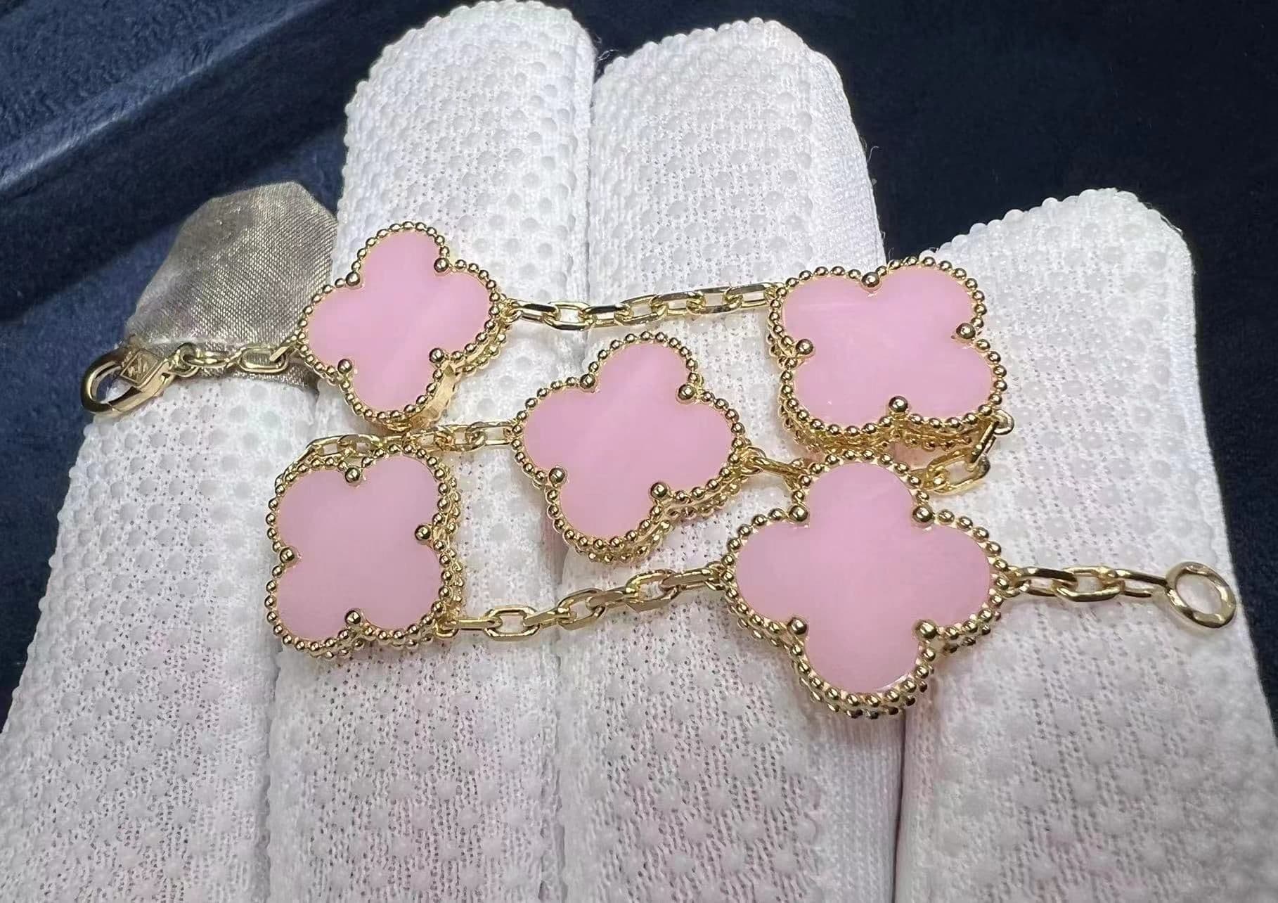 custom made van cleef arpels 18k yellow gold 5 motifs pink opal vintage alhambra bracelet 1