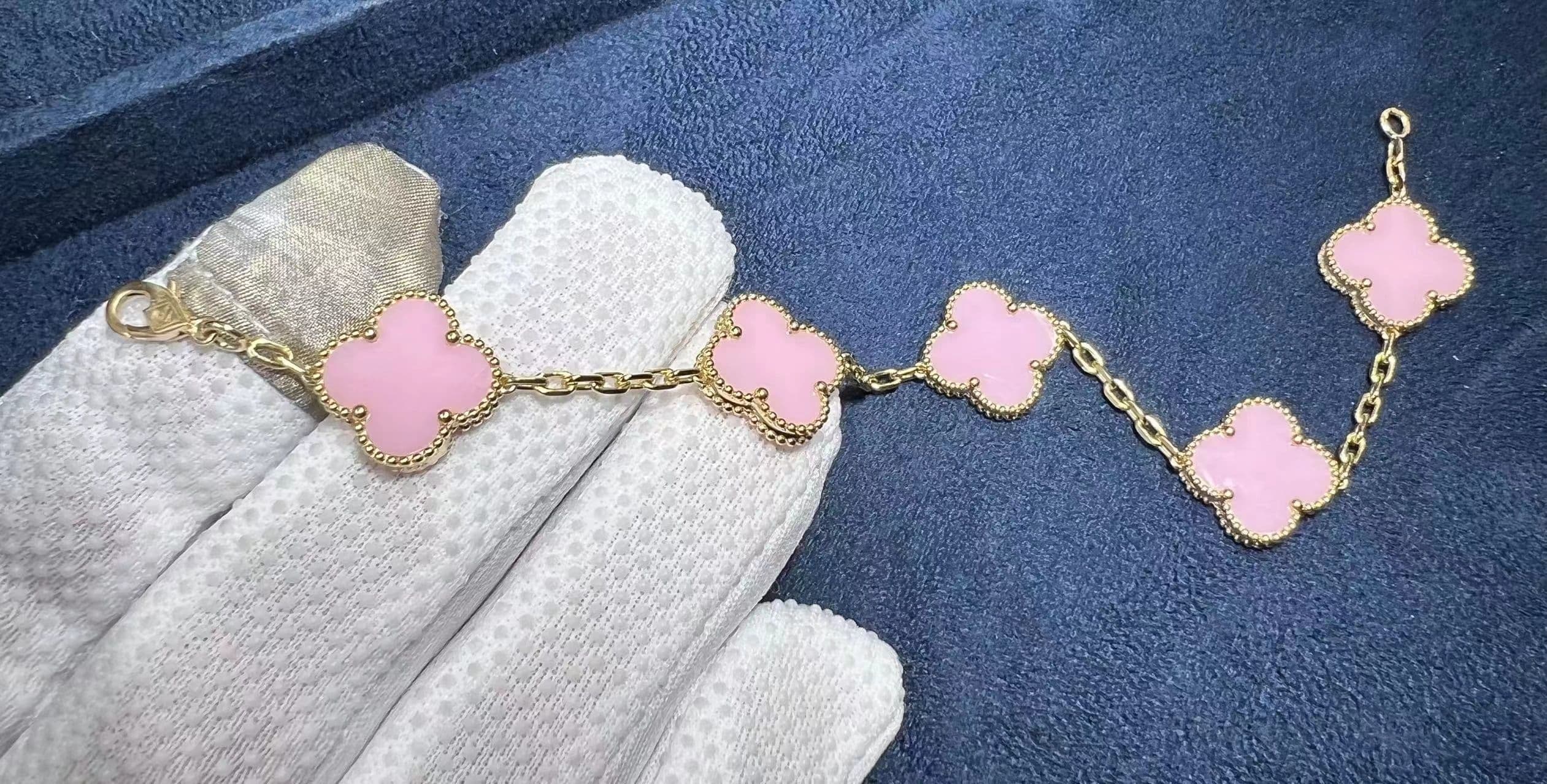 custom made van cleef arpels 18k yellow gold 5 motifs pink opal vintage alhambra bracelet 2