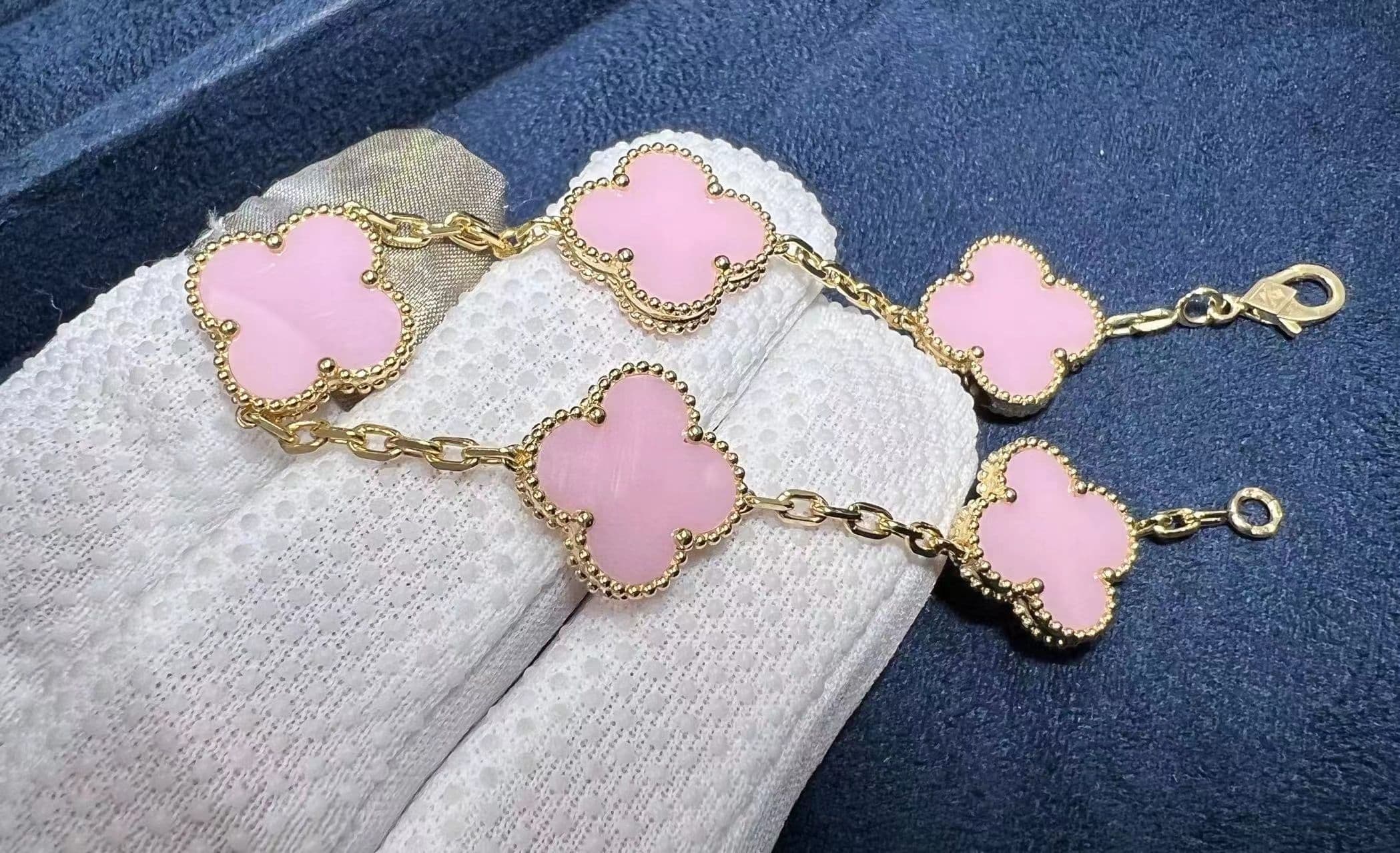 custom made van cleef arpels 18k yellow gold 5 motifs pink opal vintage alhambra bracelet 3