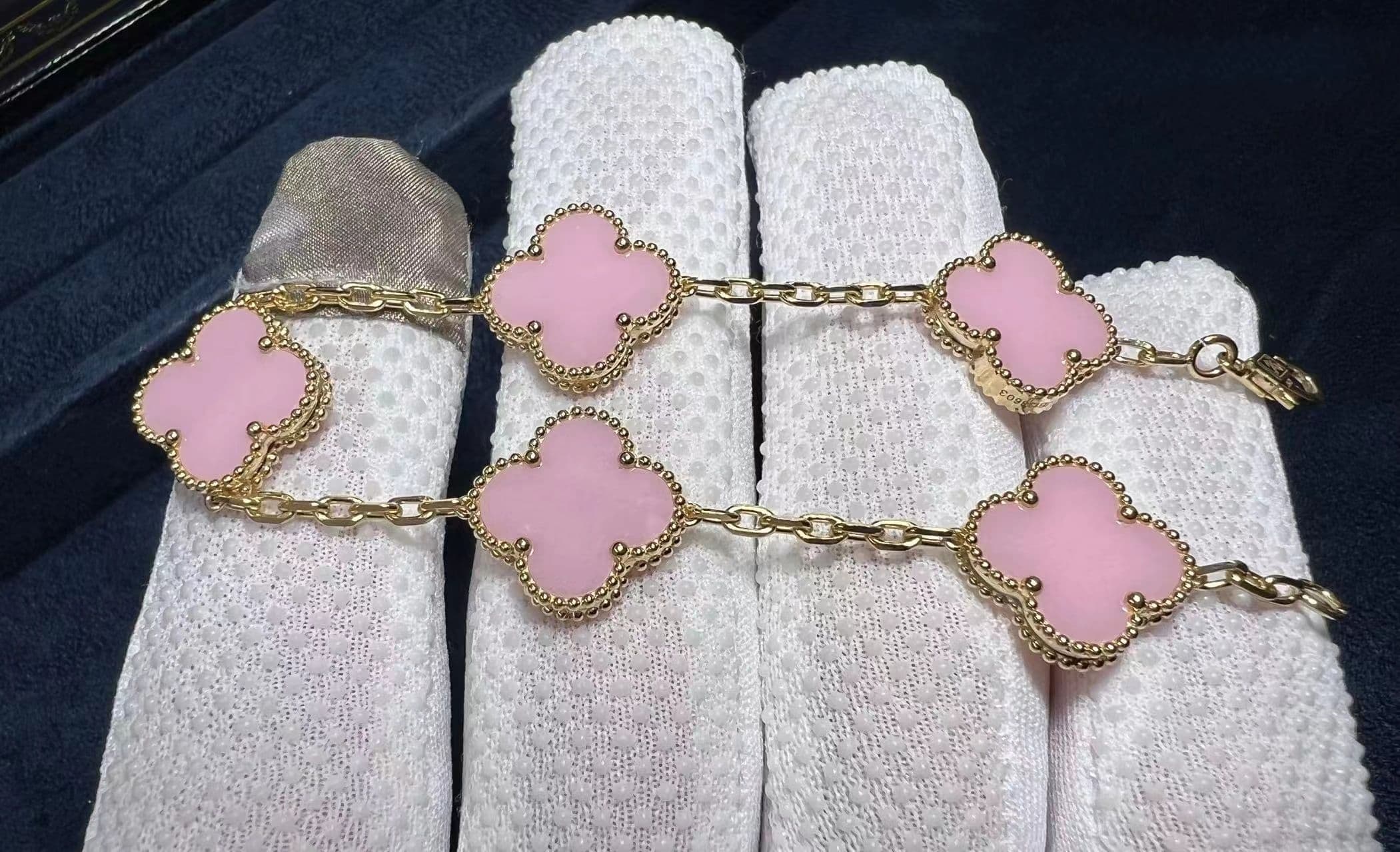 custom made van cleef arpels 18k yellow gold 5 motifs pink opal vintage alhambra bracelet 4