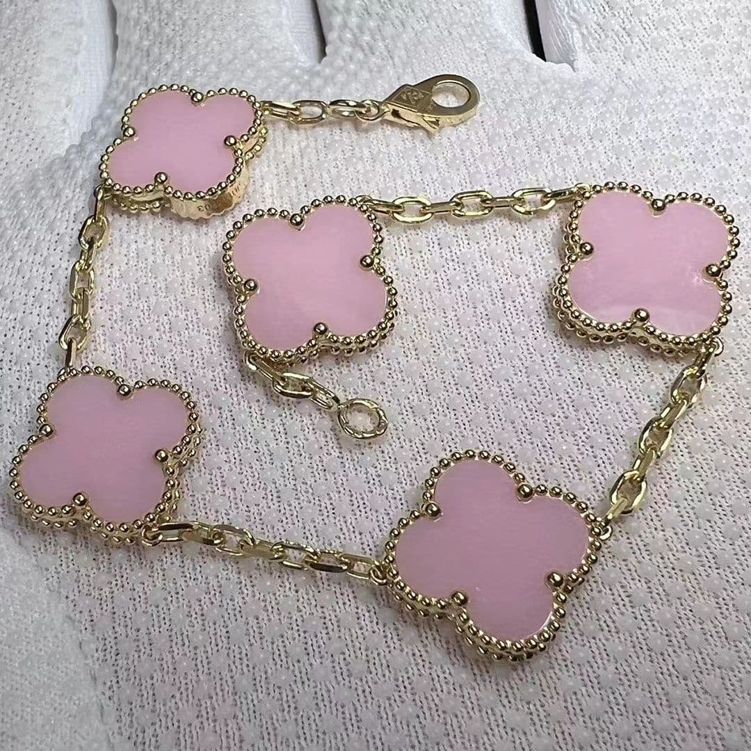 custom made van cleef arpels 18k yellow gold 5 motifs pink opal vintage alhambra bracelet