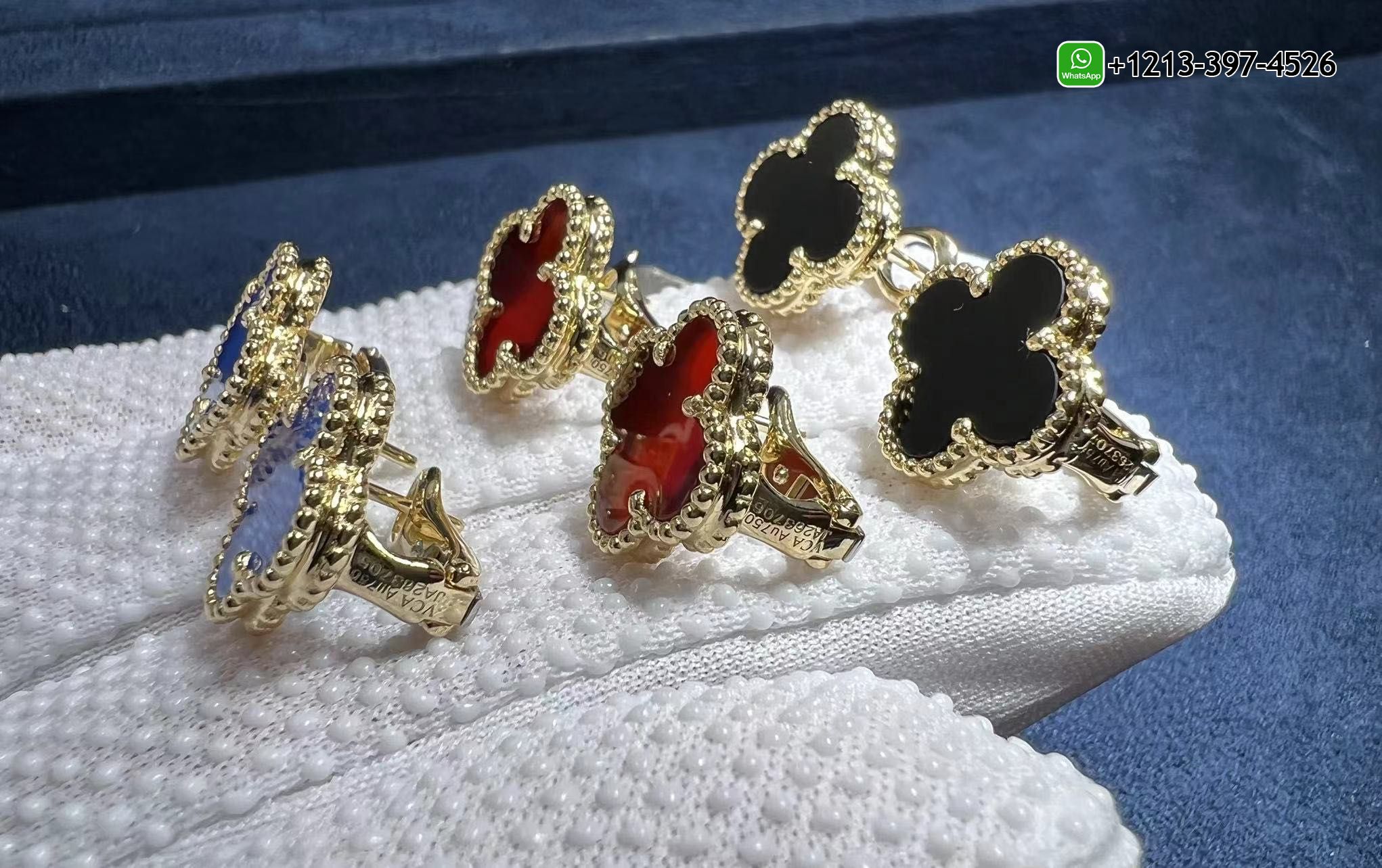 Custom-Made-Van-Cleef-Arpels-Vintage-Alhambra-Blue-Agate-18K-Yellow-Gold-Earrings-1.jpg Custom Made Van Cleef & Arpels Vintage Alhambra Blue Agate 18K Yellow Gold Earrings - High Quality 18k Gold and Diamond Luxury Distinctive Collection Designer Jewelry Customized Factory Price - Image 2