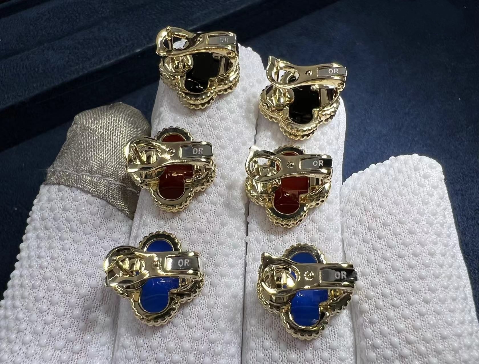 custom made van cleef arpels vintage alhambra blue agate 18k yellow gold earrings 2