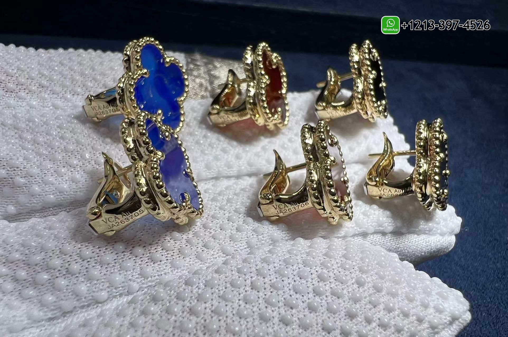Custom-Made-Van-Cleef-Arpels-Vintage-Alhambra-Blue-Agate-18K-Yellow-Gold-Earrings-3.jpg Custom Made Van Cleef & Arpels Vintage Alhambra Blue Agate 18K Yellow Gold Earrings - High Quality 18k Gold and Diamond Luxury Distinctive Collection Designer Jewelry Customized Factory Price - Image 4