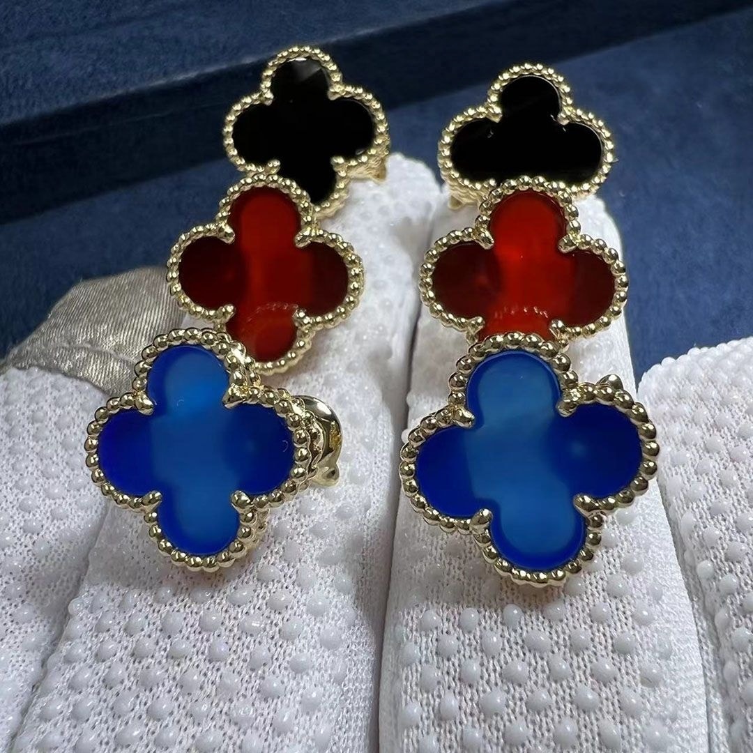 custom made van cleef arpels vintage alhambra blue agate 18k yellow gold earrings