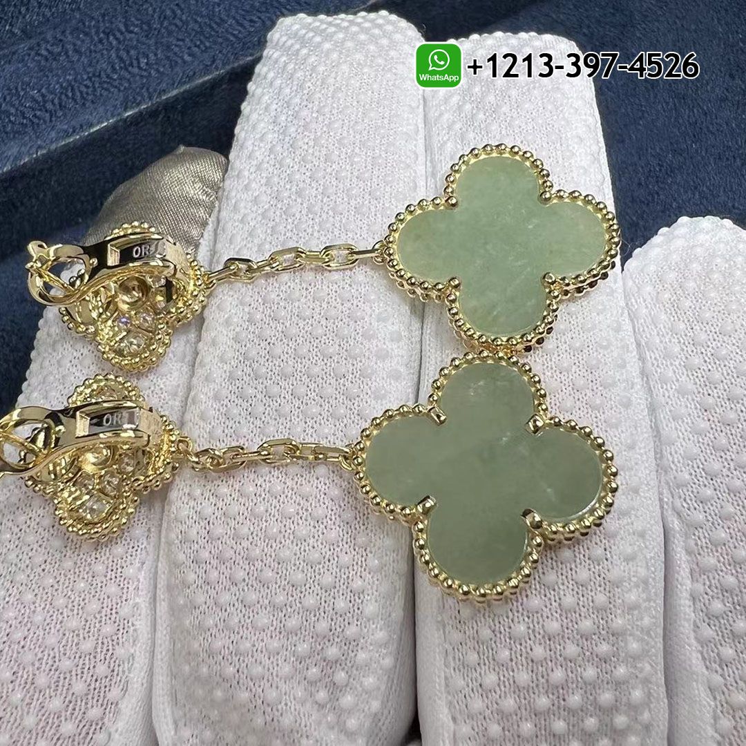 Buy Best Quality Custom Made Cheap Van Cleef Magic Alhambra 18k Yellow Gold 2 Motifs Jade & Diamond Earrings - High Quality 18k Gold and Diamond Luxury Distinctive Collection Designer Jewelry Customized Factory Price Custom Made Van Cleef Magic Alhambra 18k Yellow Gold 2 Motifs Jade Diamond Earrings 1