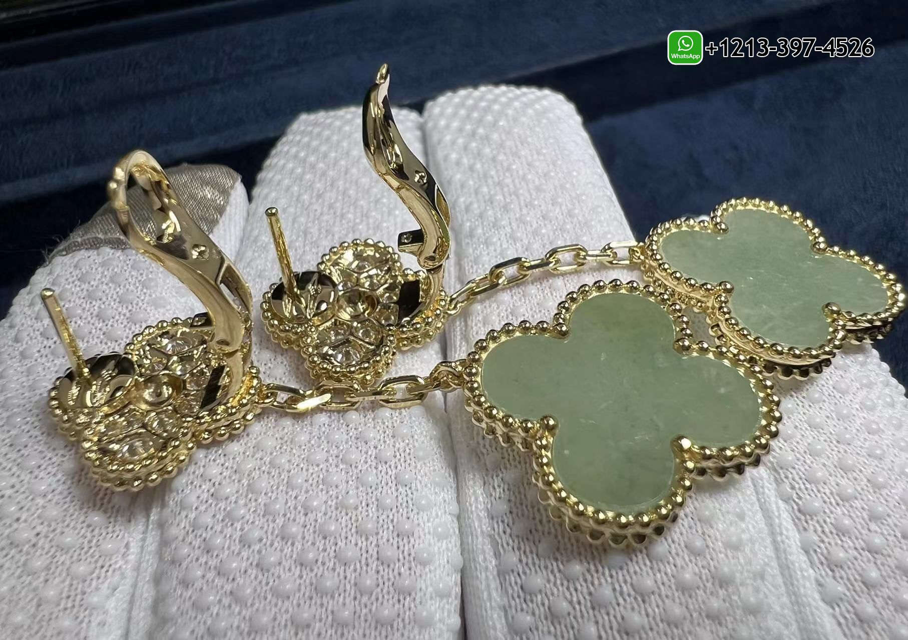 Custom-Made-Van-Cleef-Magic-Alhambra-18k-Yellow-Gold-2-Motifs-Jade-Diamond-Earrings-3.jpg Buy Best Quality Custom Made Cheap Van Cleef Magic Alhambra 18k Yellow Gold 2 Motifs Jade & Diamond Earrings - High Quality 18k Gold and Diamond Luxury Distinctive Collection Designer Jewelry Customized Factory Price - Image 4