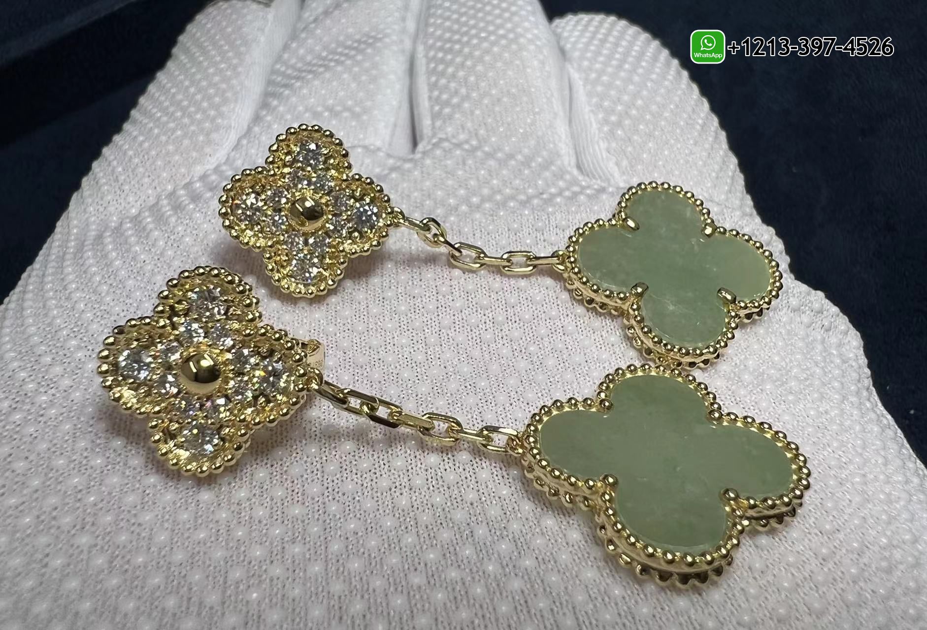 Custom-Made-Van-Cleef-Magic-Alhambra-18k-Yellow-Gold-2-Motifs-Jade-Diamond-Earrings-4.jpg Buy Best Quality Custom Made Cheap Van Cleef Magic Alhambra 18k Yellow Gold 2 Motifs Jade & Diamond Earrings - High Quality 18k Gold and Diamond Luxury Distinctive Collection Designer Jewelry Customized Factory Price - Image 5