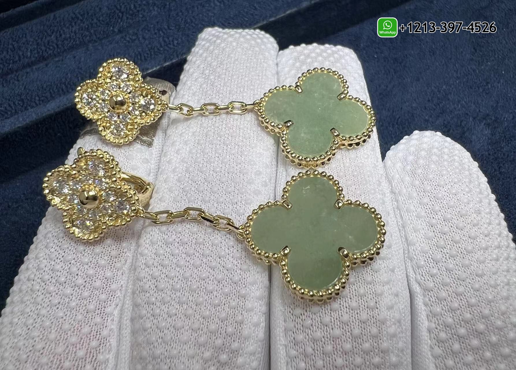 Custom-Made-Van-Cleef-Magic-Alhambra-18k-Yellow-Gold-2-Motifs-Jade-Diamond-Earrings.jpg Buy Best Quality Custom Made Cheap Van Cleef Magic Alhambra 18k Yellow Gold 2 Motifs Jade & Diamond Earrings - High Quality 18k Gold and Diamond Luxury Distinctive Collection Designer Jewelry Customized Factory Price - Image 2