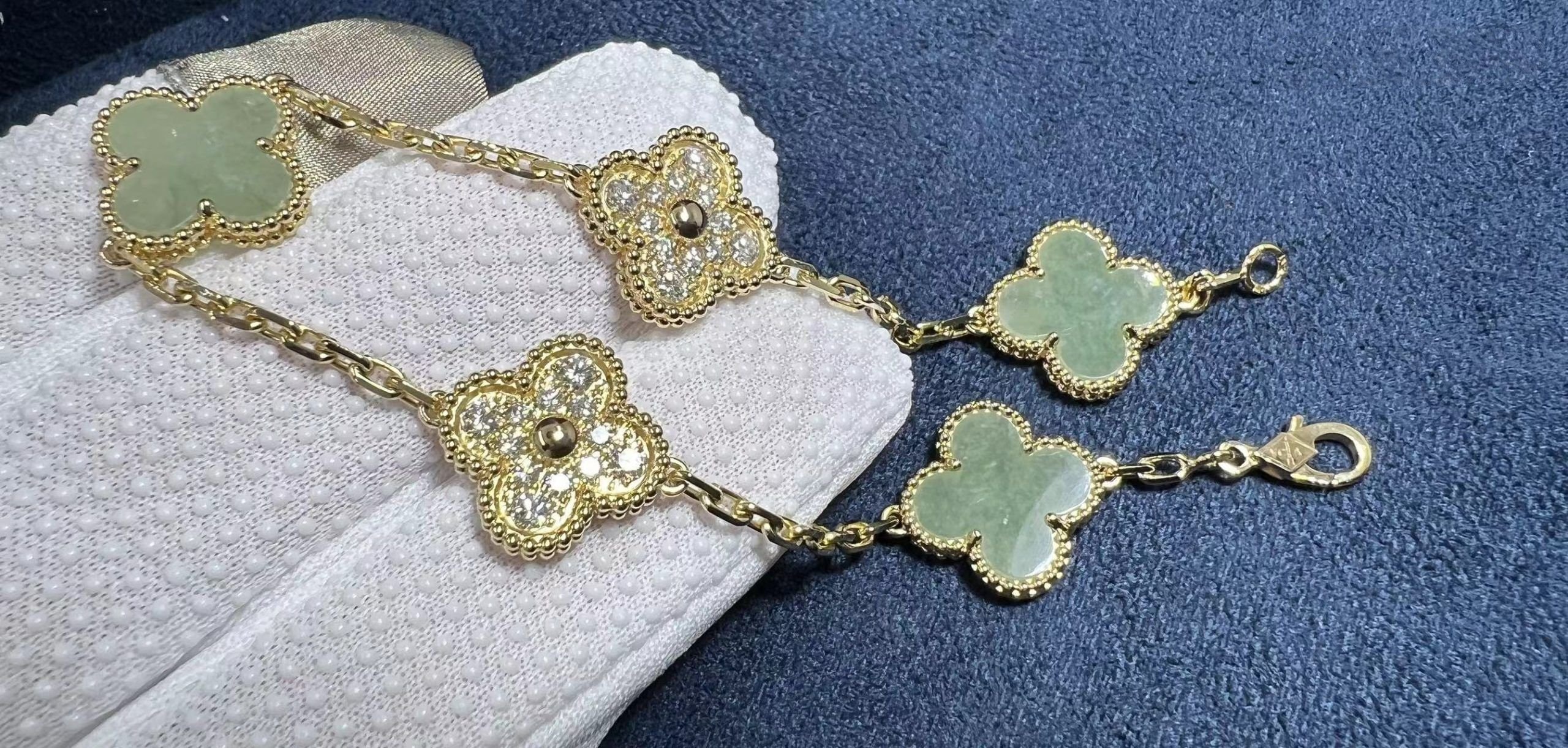 custom made van cleef vintage alhambra 18k yellow gold jade diamond 5 motifs bracelet 3 scaled