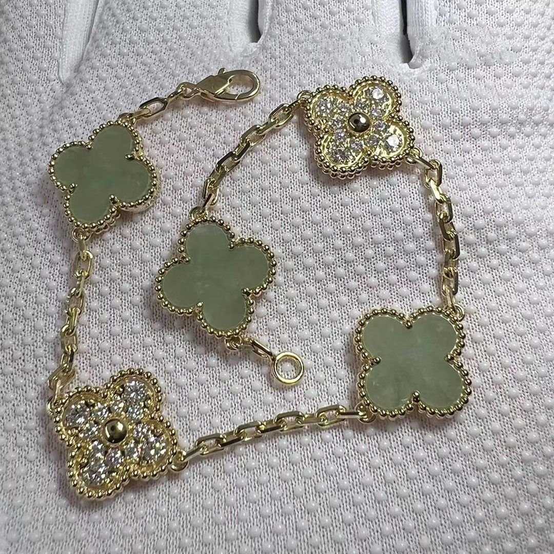 custom made van cleef vintage alhambra 18k yellow gold jade diamond 5 motifs bracelet