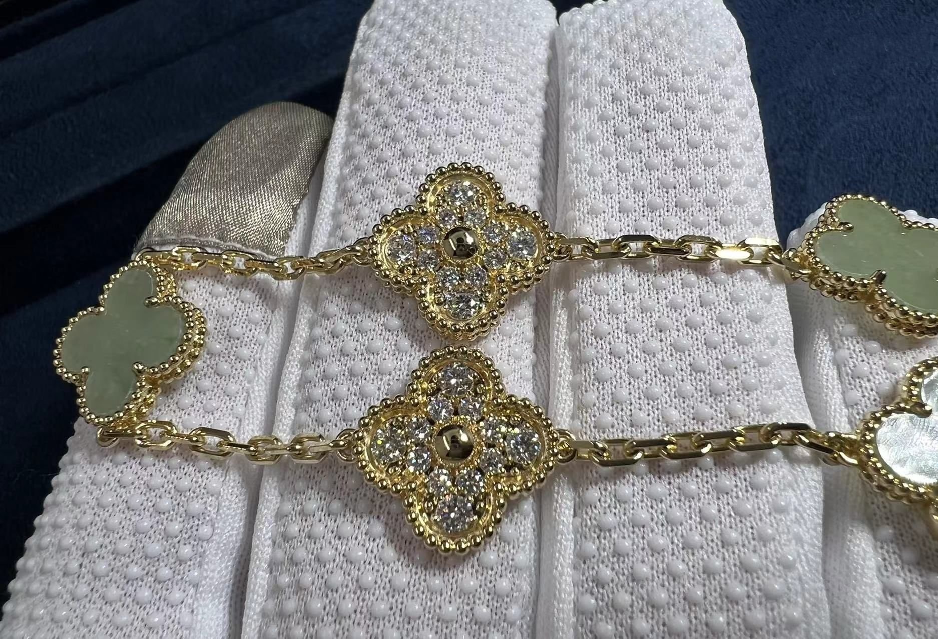 custom made van cleef vintage alhambra 18k yellow gold jade diamond 5 motifs bracelet 5