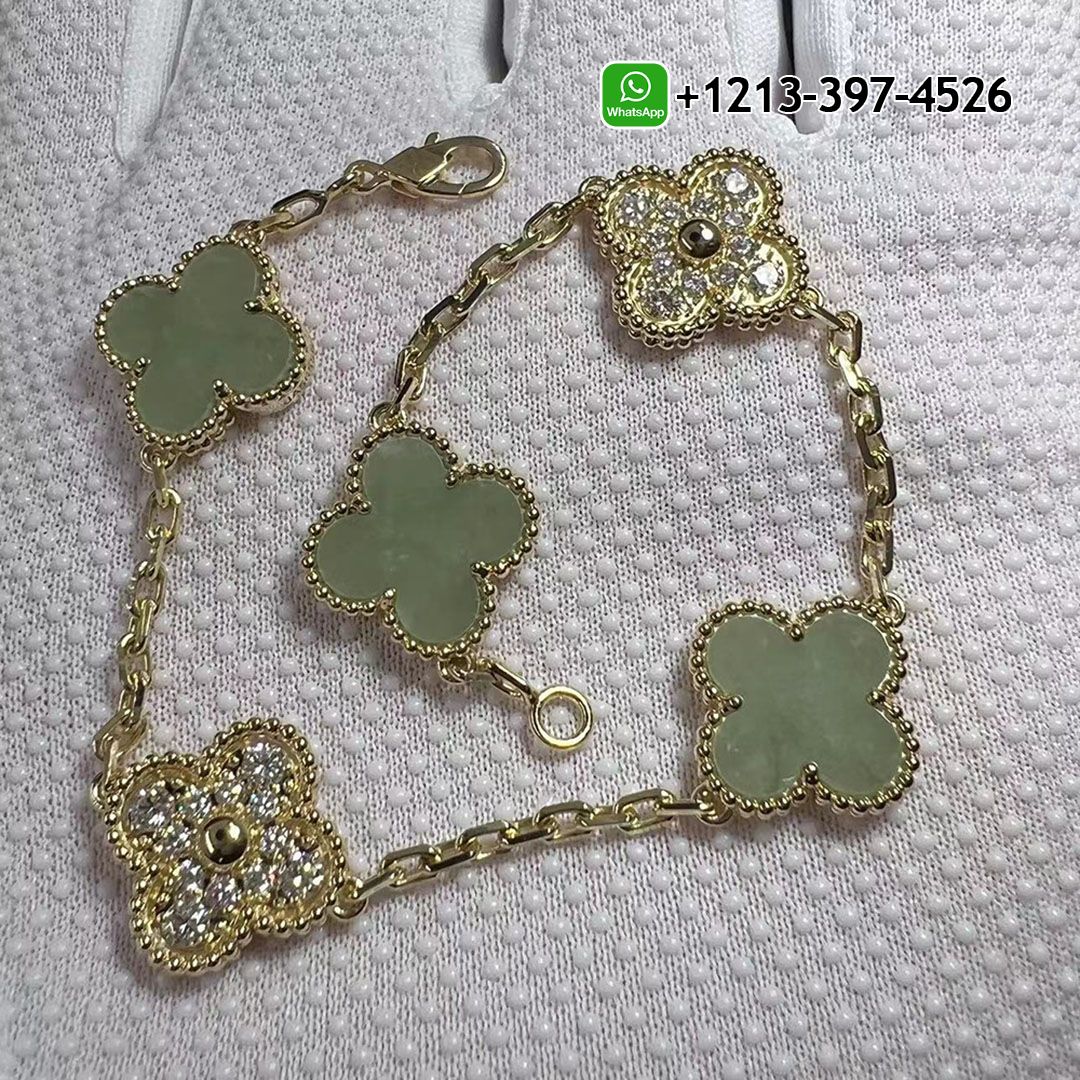 Custom Made Van Cleef Vintage Alhambra 18K Yellow Gold Jade & Diamond 5 Motifs Bracelet - High Quality 18k Gold and Diamond Luxury Distinctive Collection Designer Jewelry Customized Factory Price