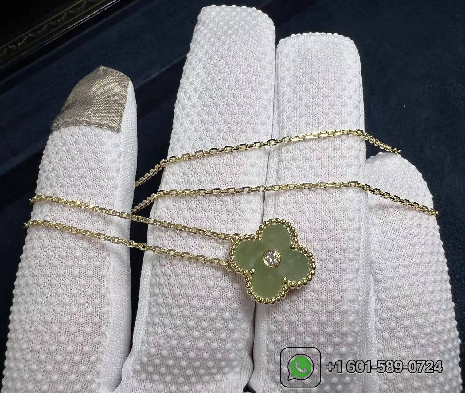 custom mdae van cleef arpels vintage alhambra diamond jade 18k yellow gold pendant necklace 2