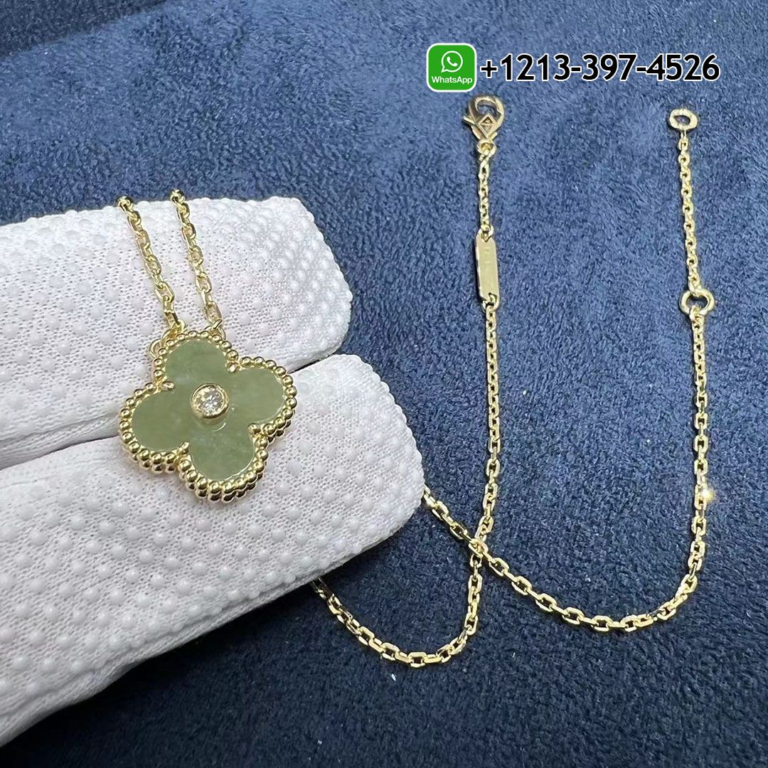 Custom Made Van Cleef & Arpels Vintage Alhambra Diamond Jade 18k Yellow Gold Pendant Necklace - High Quality 18k Gold and Diamond Luxury Distinctive Collection Designer Jewelry Customized Factory Price Custom Mdae Van Cleef Arpels Vintage Alhambra Diamond Jade 18k Yellow Gold Pendant Necklace 4