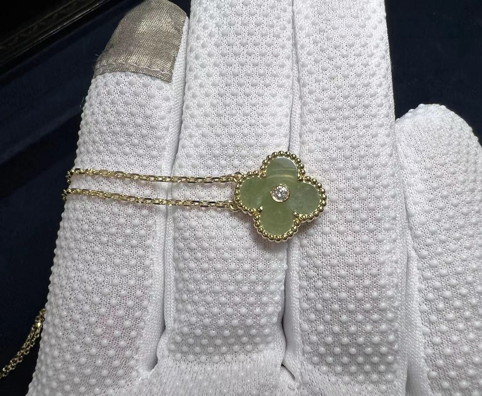 custom mdae van cleef arpels vintage alhambra diamond jade 18k yellow gold pendant necklace