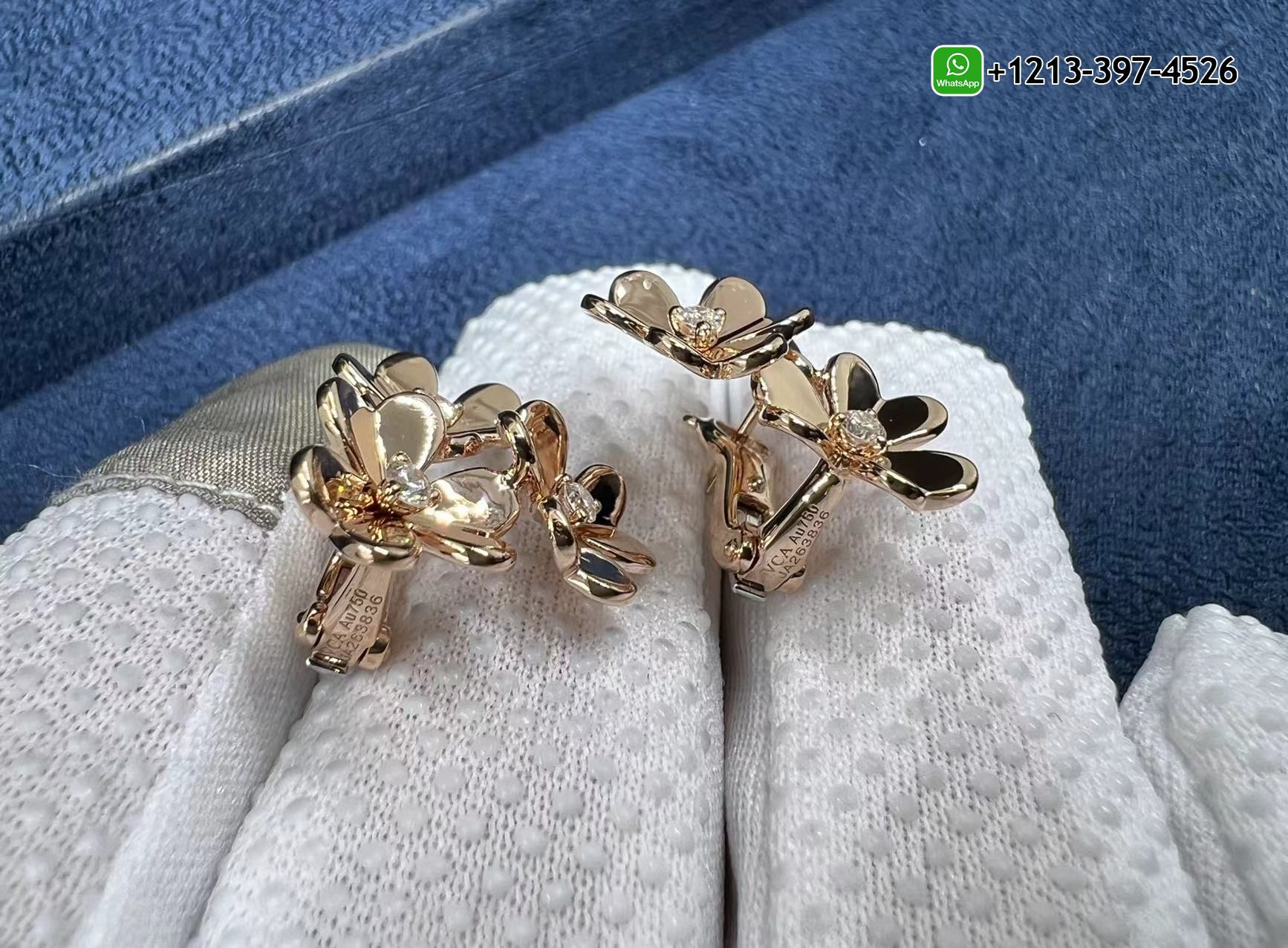 Custom-Van-Cleef-18k-Rose-Gold-Diamond-3-Flowers-Mini-Frivole-Earrings-2.jpg Buy Best Quality Custom Made Cheap Van Cleef 18k Rose Gold Diamond 3 Flowers Mini Frivole Earrings Replica - High Quality 18k Gold and Diamond Luxury Distinctive Collection Designer Jewelry Customized Factory Price - Image 3
