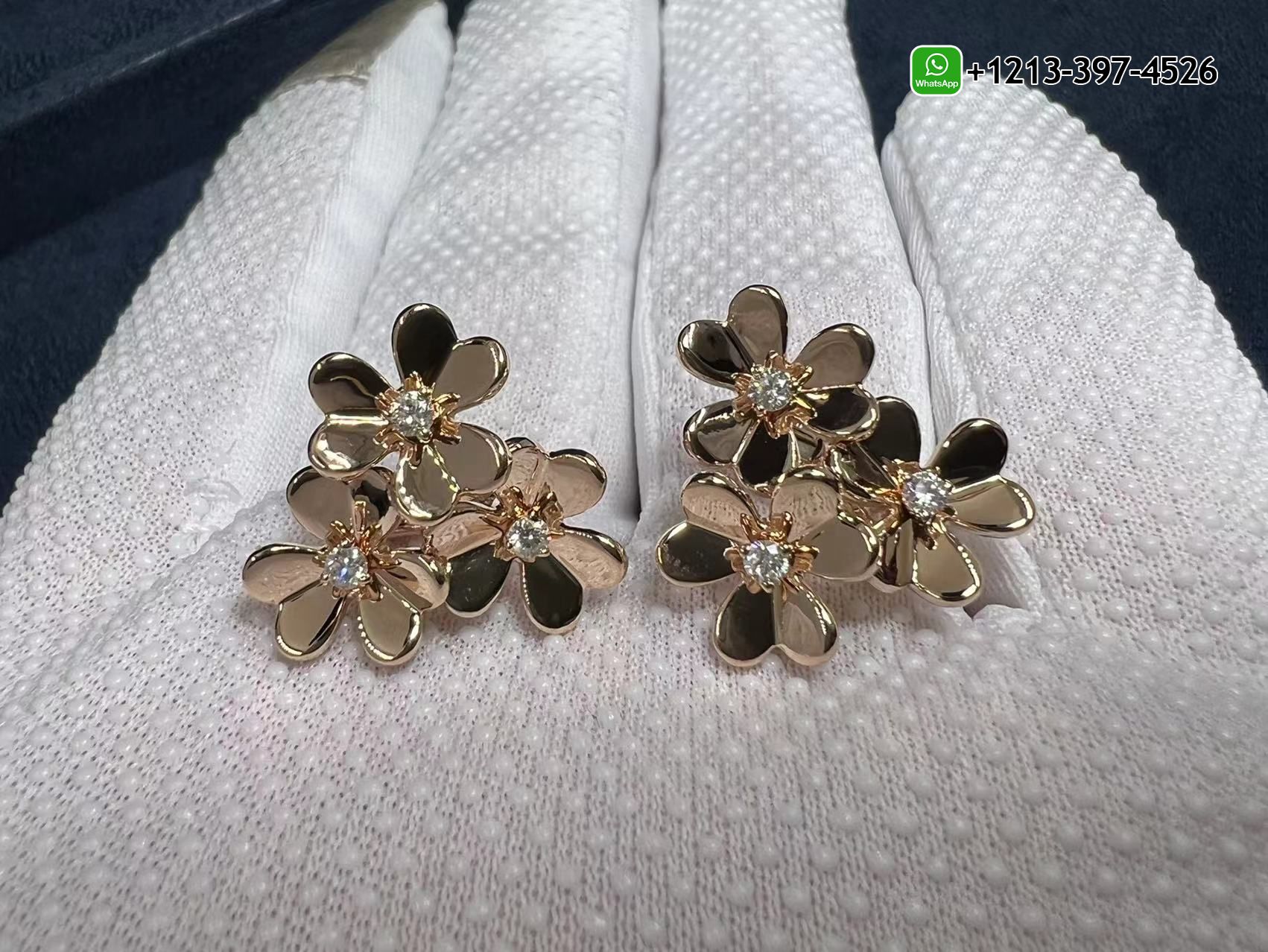 Custom-Van-Cleef-18k-Rose-Gold-Diamond-3-Flowers-Mini-Frivole-Earrings-3.jpg Buy Best Quality Custom Made Cheap Van Cleef 18k Rose Gold Diamond 3 Flowers Mini Frivole Earrings Replica - High Quality 18k Gold and Diamond Luxury Distinctive Collection Designer Jewelry Customized Factory Price - Image 4