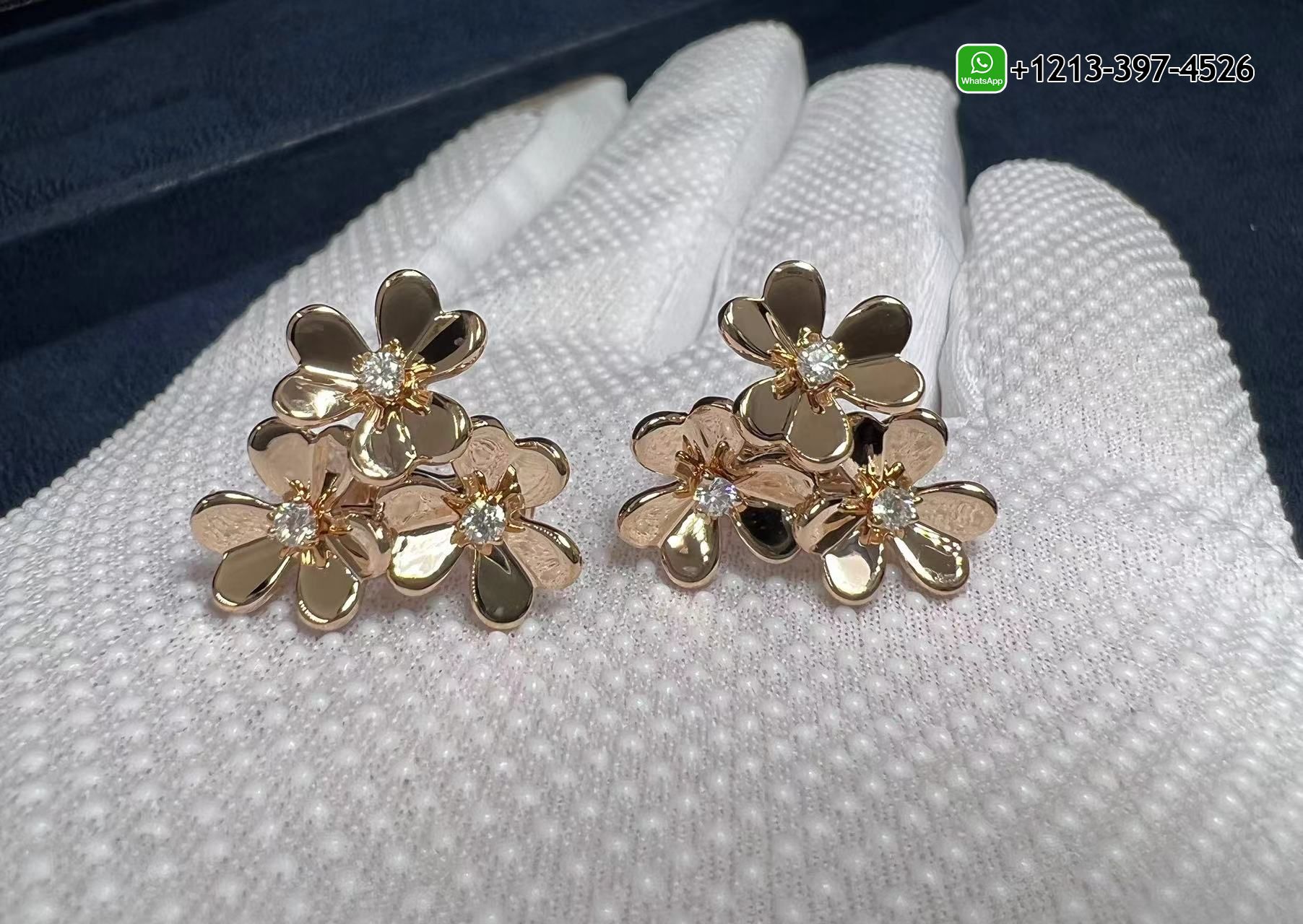 Custom-Van-Cleef-18k-Rose-Gold-Diamond-3-Flowers-Mini-Frivole-Earrings-4.jpg Buy Best Quality Custom Made Cheap Van Cleef 18k Rose Gold Diamond 3 Flowers Mini Frivole Earrings Replica - High Quality 18k Gold and Diamond Luxury Distinctive Collection Designer Jewelry Customized Factory Price - Image 5