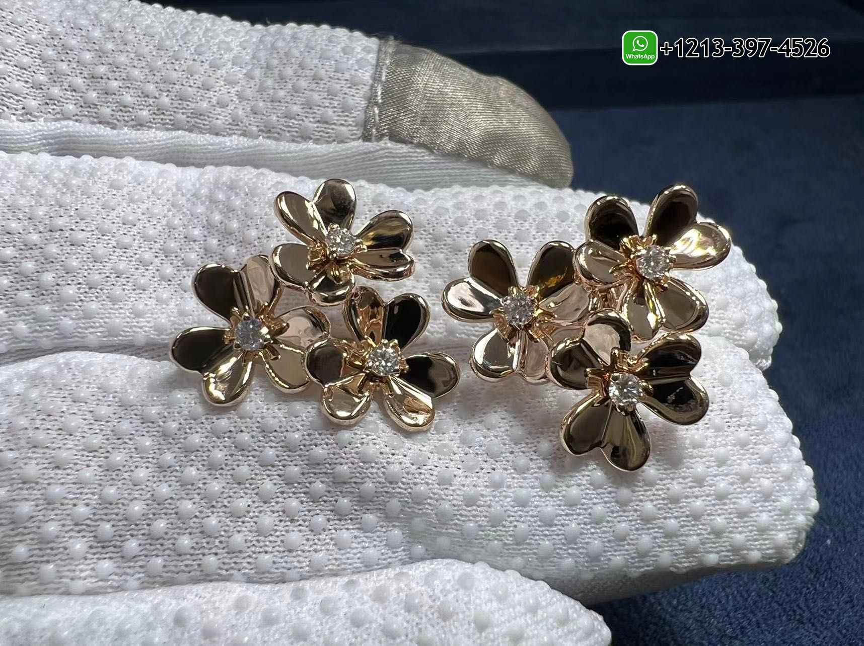 Custom-Van-Cleef-18k-Rose-Gold-Diamond-3-Flowers-Mini-Frivole-Earrings-5.jpg Buy Best Quality Custom Made Cheap Van Cleef 18k Rose Gold Diamond 3 Flowers Mini Frivole Earrings Replica - High Quality 18k Gold and Diamond Luxury Distinctive Collection Designer Jewelry Customized Factory Price - Image 6