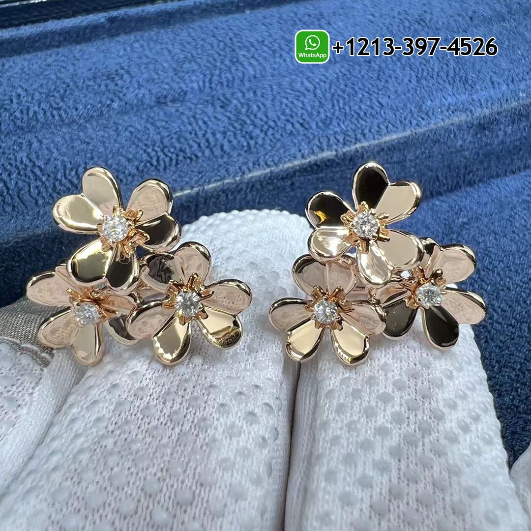 Buy Best Quality Custom Made Cheap Van Cleef 18k Rose Gold Diamond 3 Flowers Mini Frivole Earrings Replica - High Quality 18k Gold and Diamond Luxury Distinctive Collection Designer Jewelry Customized Factory Price Custom Van Cleef 18k Rose Gold Diamond 3 Flowers Mini Frivole Earrings