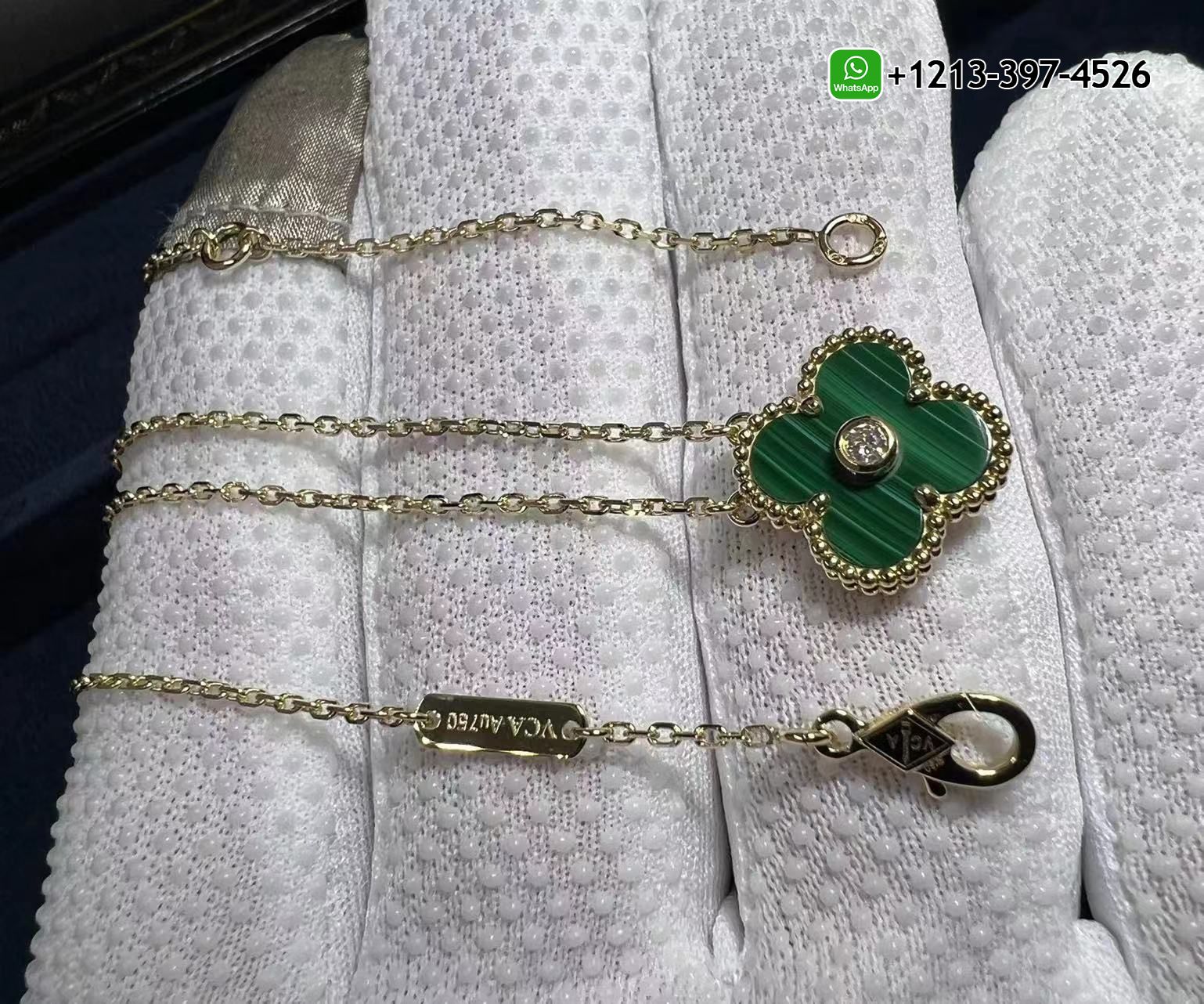 Custom-Van-Cleef-Arpels-18K-Yellow-Gold-Diamond-Malachite-Vintage-Alhambra-Holiday-Pendant-Necklace-1.jpg Custom Made Van Cleef & Arpels 18K Yellow Gold Diamond Malachite Vintage Alhambra Holiday Pendant Necklace - High Quality 18k Gold and Diamond Luxury Distinctive Collection Designer Jewelry Customized Factory Price - Image 2
